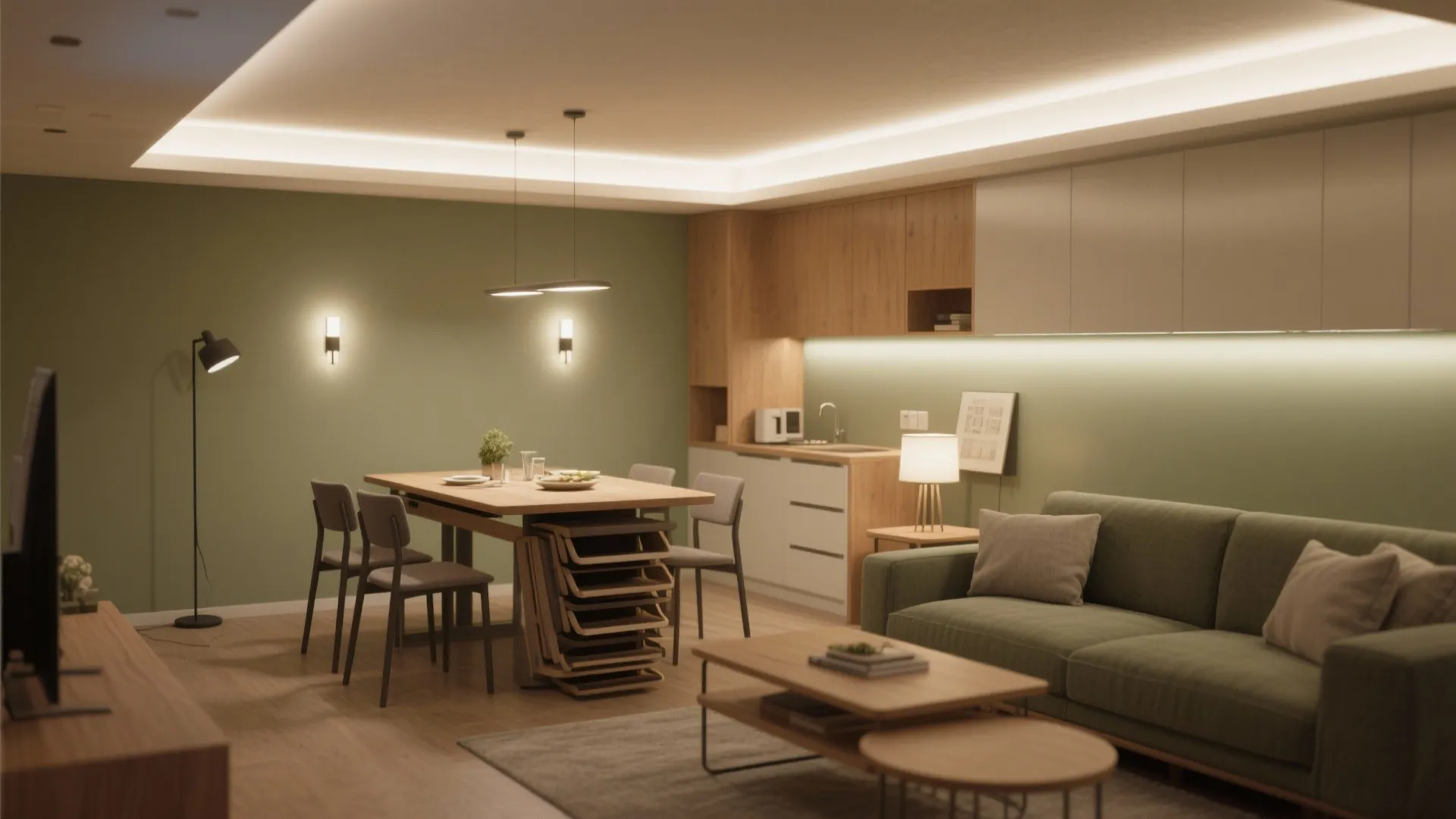 Light layering and flexible furniture for studio-like living