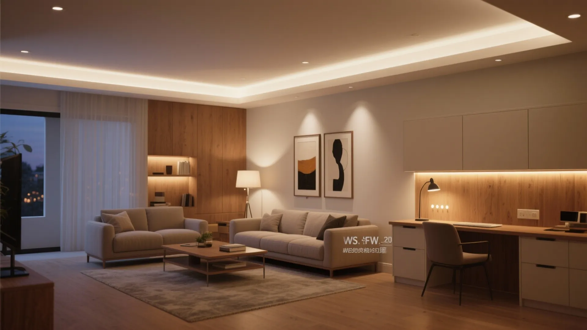 Modern living room with warm light fixture wooden wall panel beige sofa and small desk