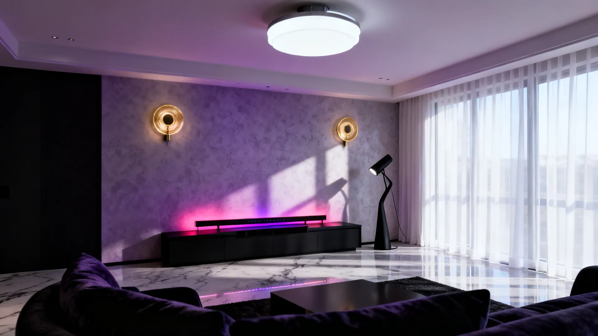 Living room demonstrating layered lighting: overhead, wall sconces, black floor lamp and LED strip behind a media console