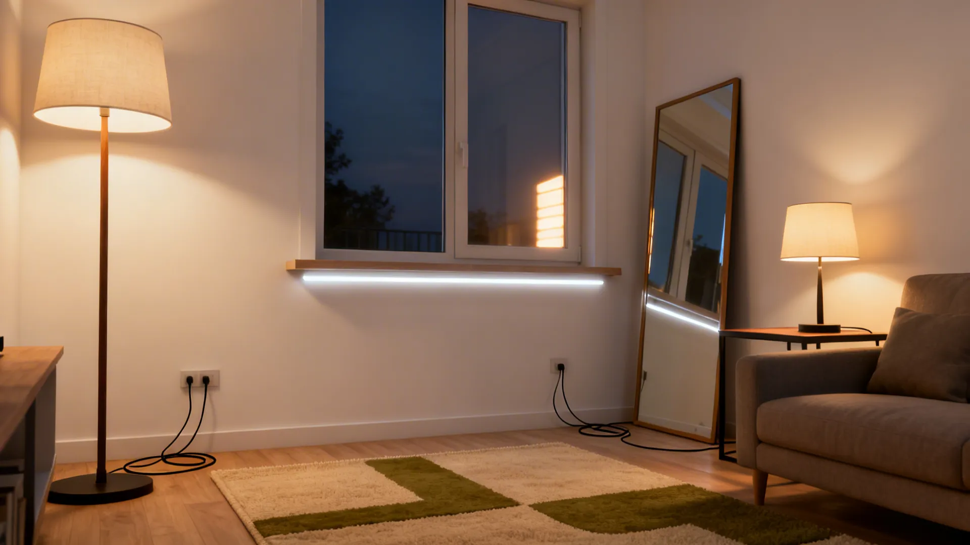 Compact living room with floor and table lamps and LED shelf lighting creating a warm layered glow.