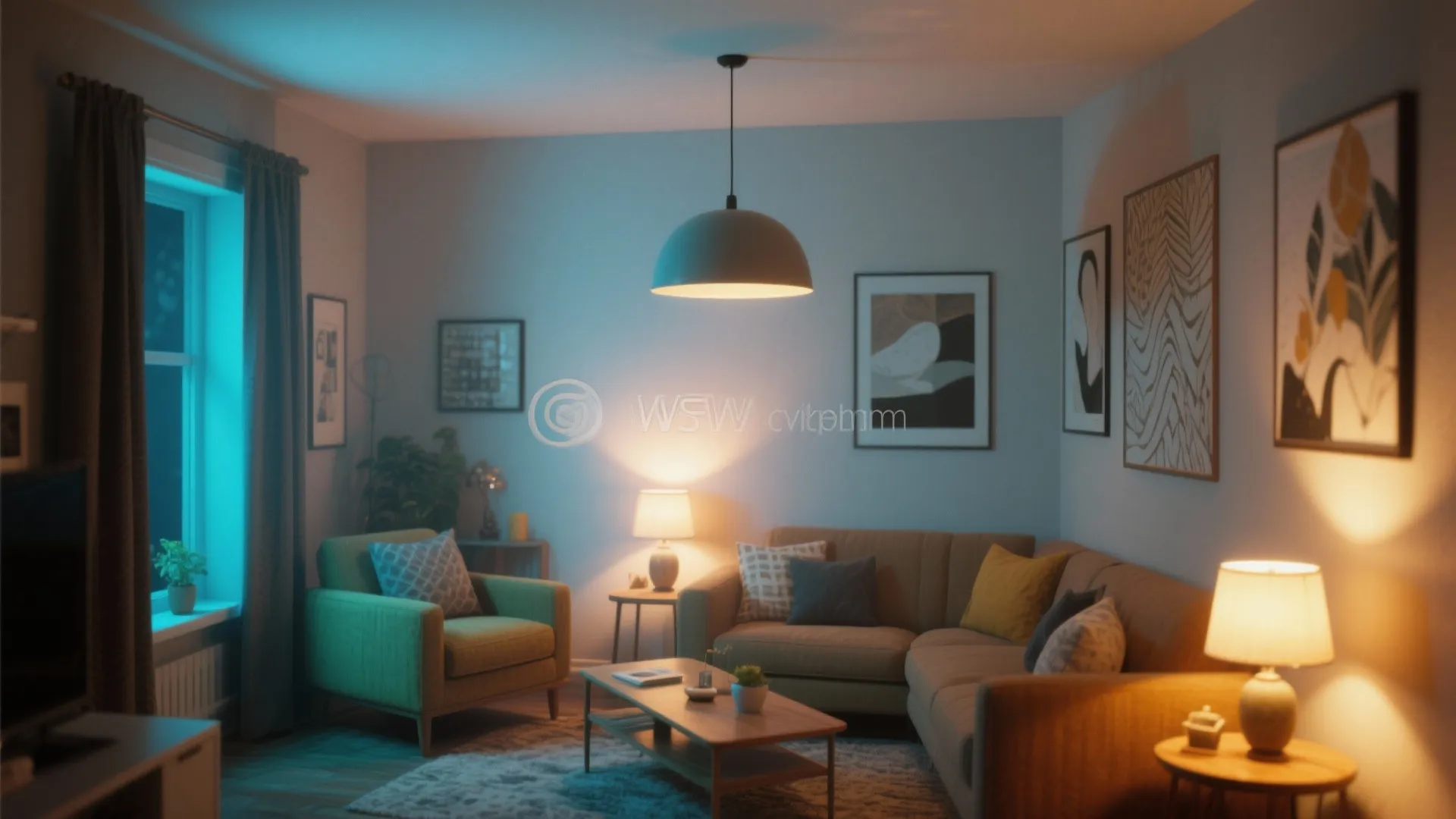 Living room featuring green armchair, beige sofa, wooden coffee table, and warm hanging ceiling light