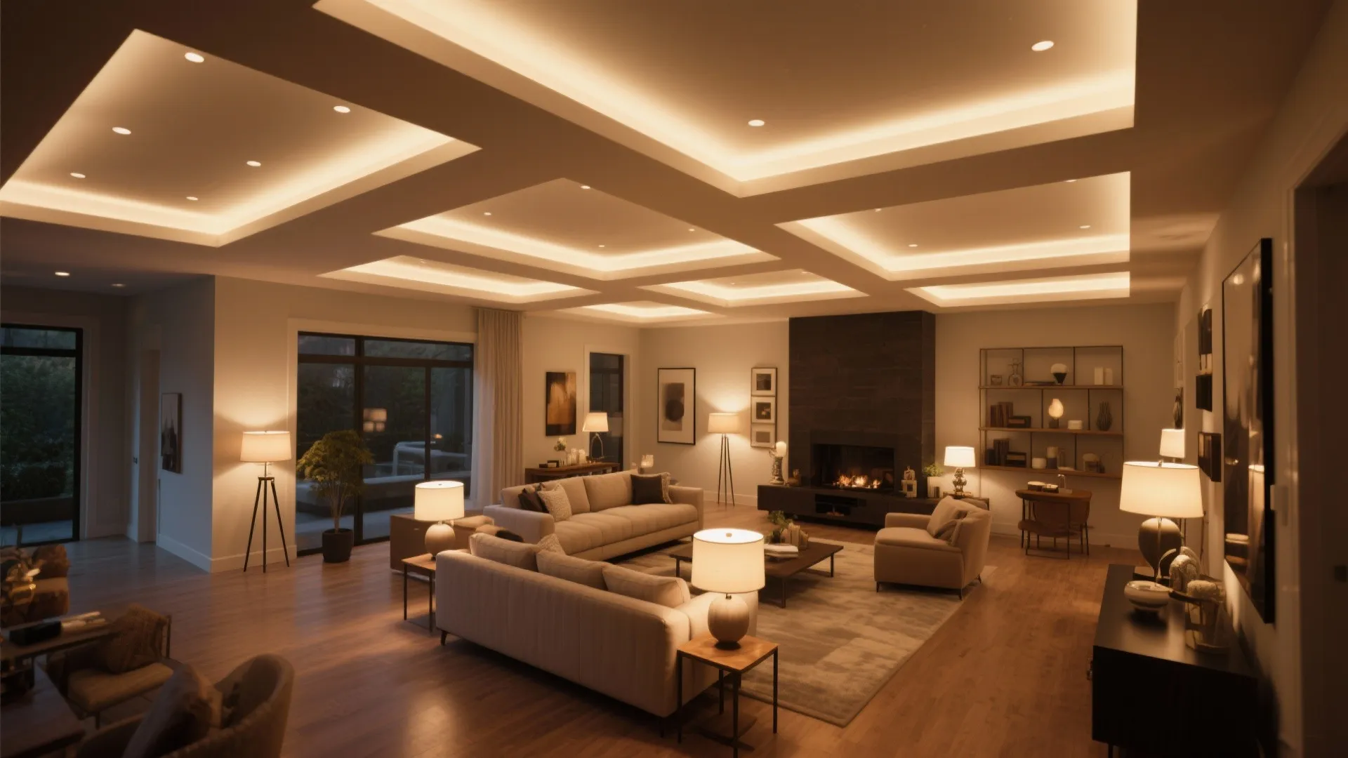 Spacious living room featuring warm ceiling light fixtures floor lamps sofas and a cozy fireplace