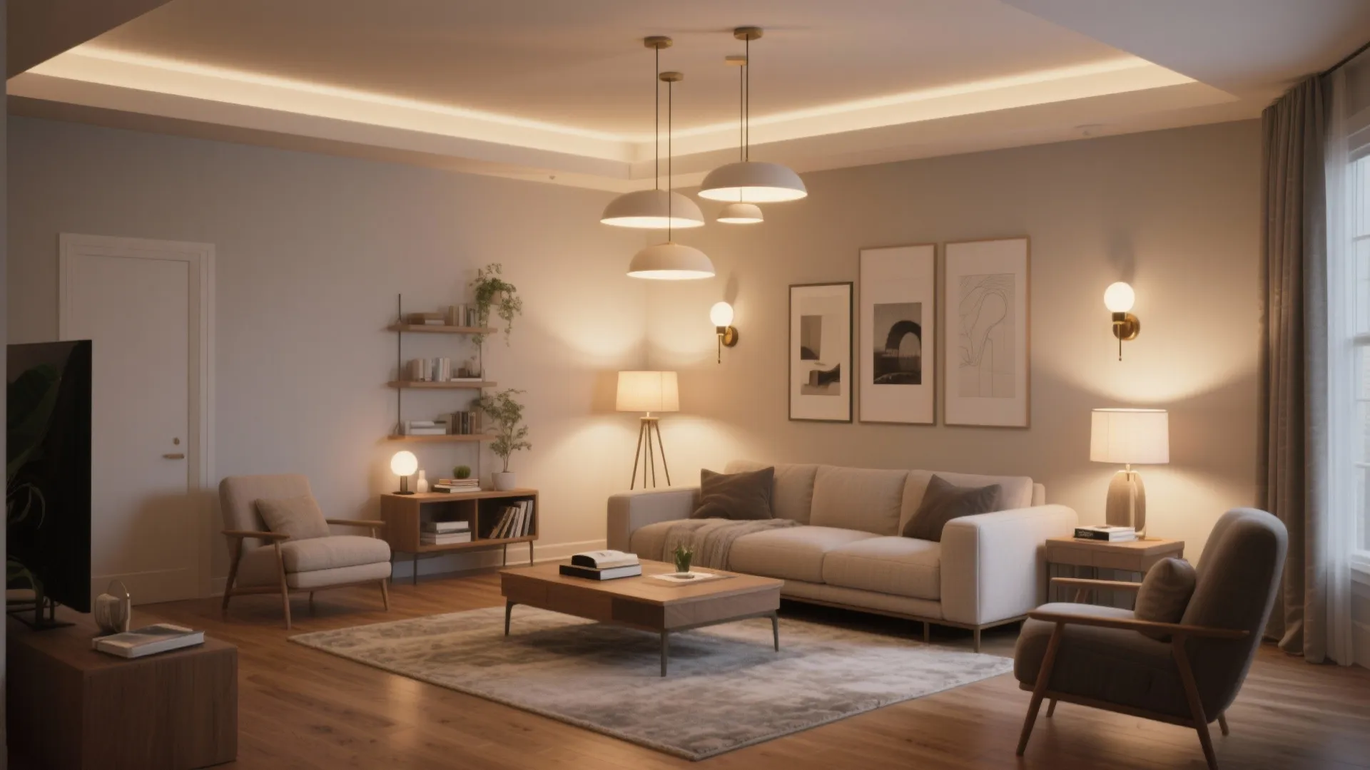 Warm living room with beige sofa wood floor area rug and multiple glowing indoor light fixtures