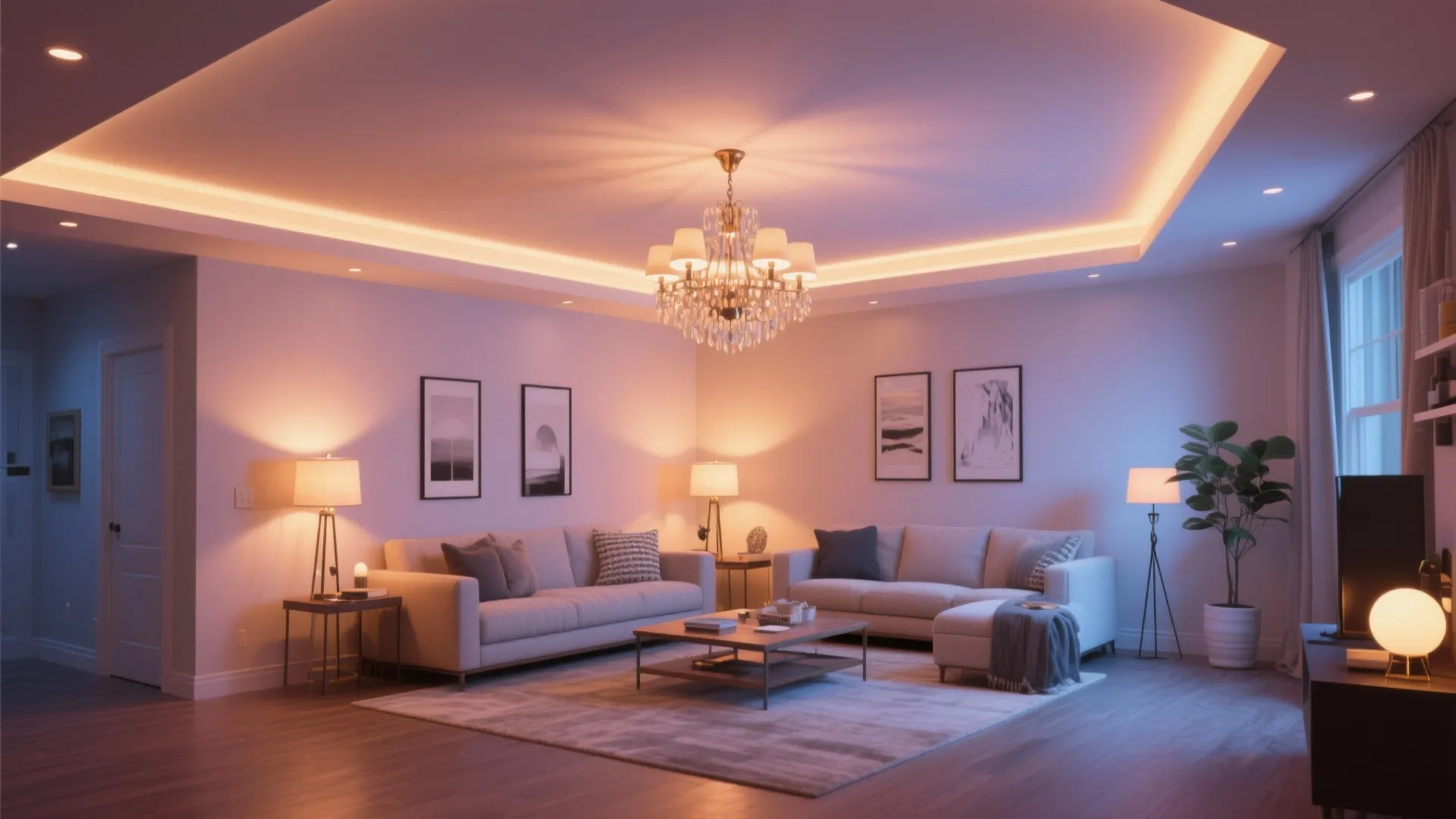 Spacious living room with warm ceiling light table lamps two sofas and glowing tray ceiling