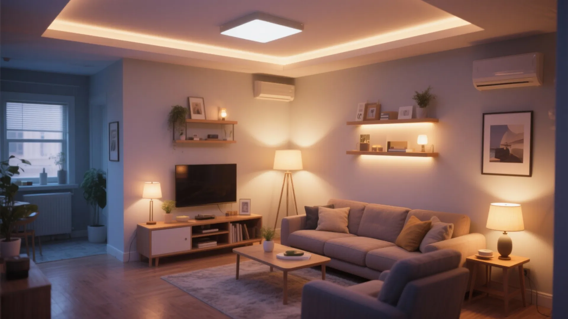 Cozy living room with grey sofa wooden coffee table multiple warm light fixtures and television