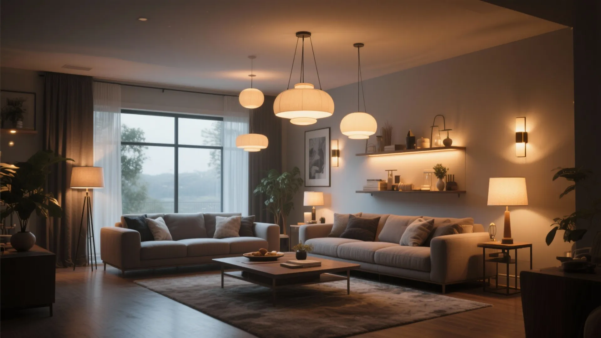 Cozy living room interior featuring multiple warm ceiling lights floor lamps and wall light fixtures