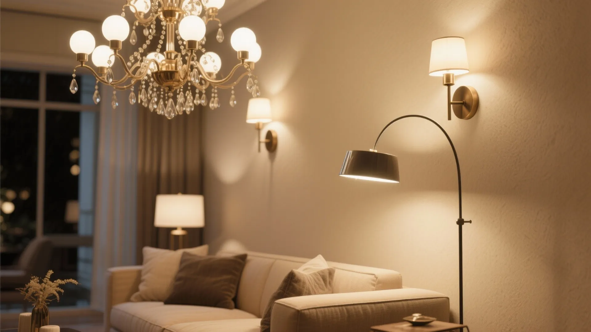 Warm living room lighting featuring a large ceiling light wall light floor lamp and cozy sofa