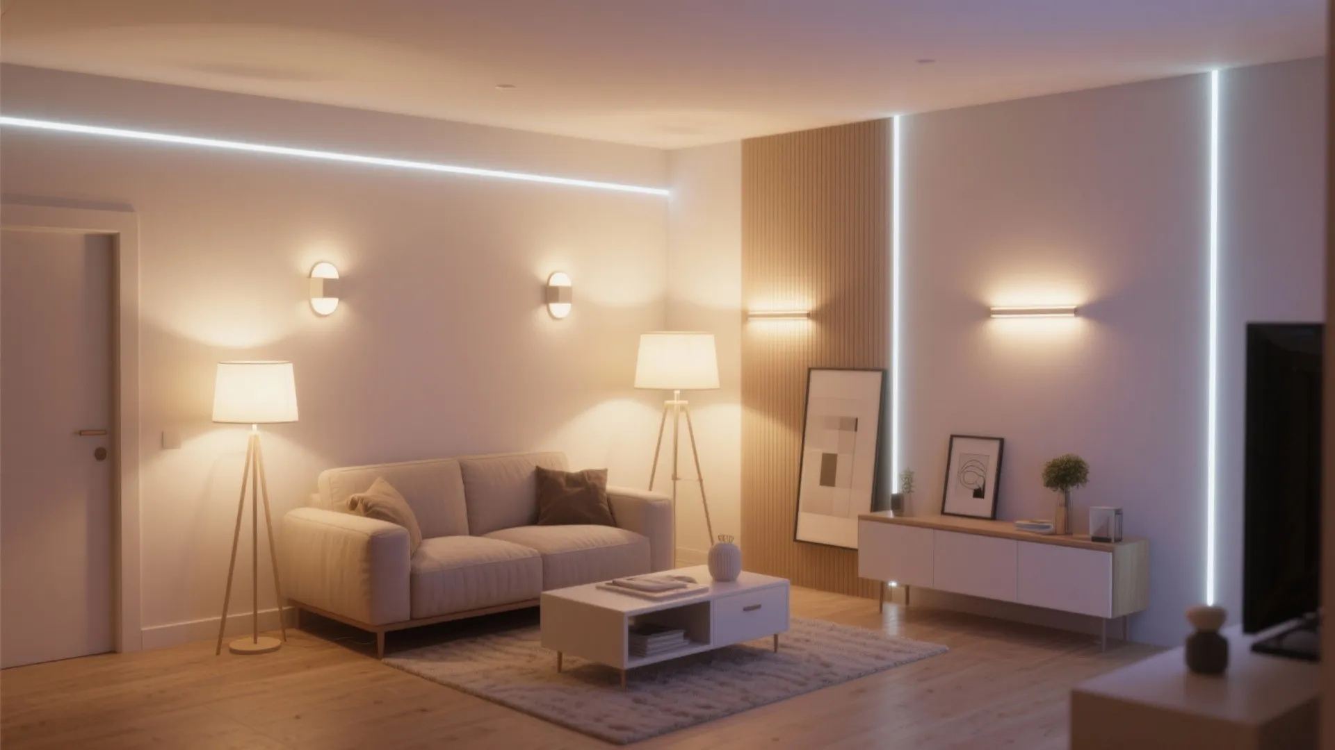 Modern living room with floor lamps wall lights and built in light strips for cozy atmosphere