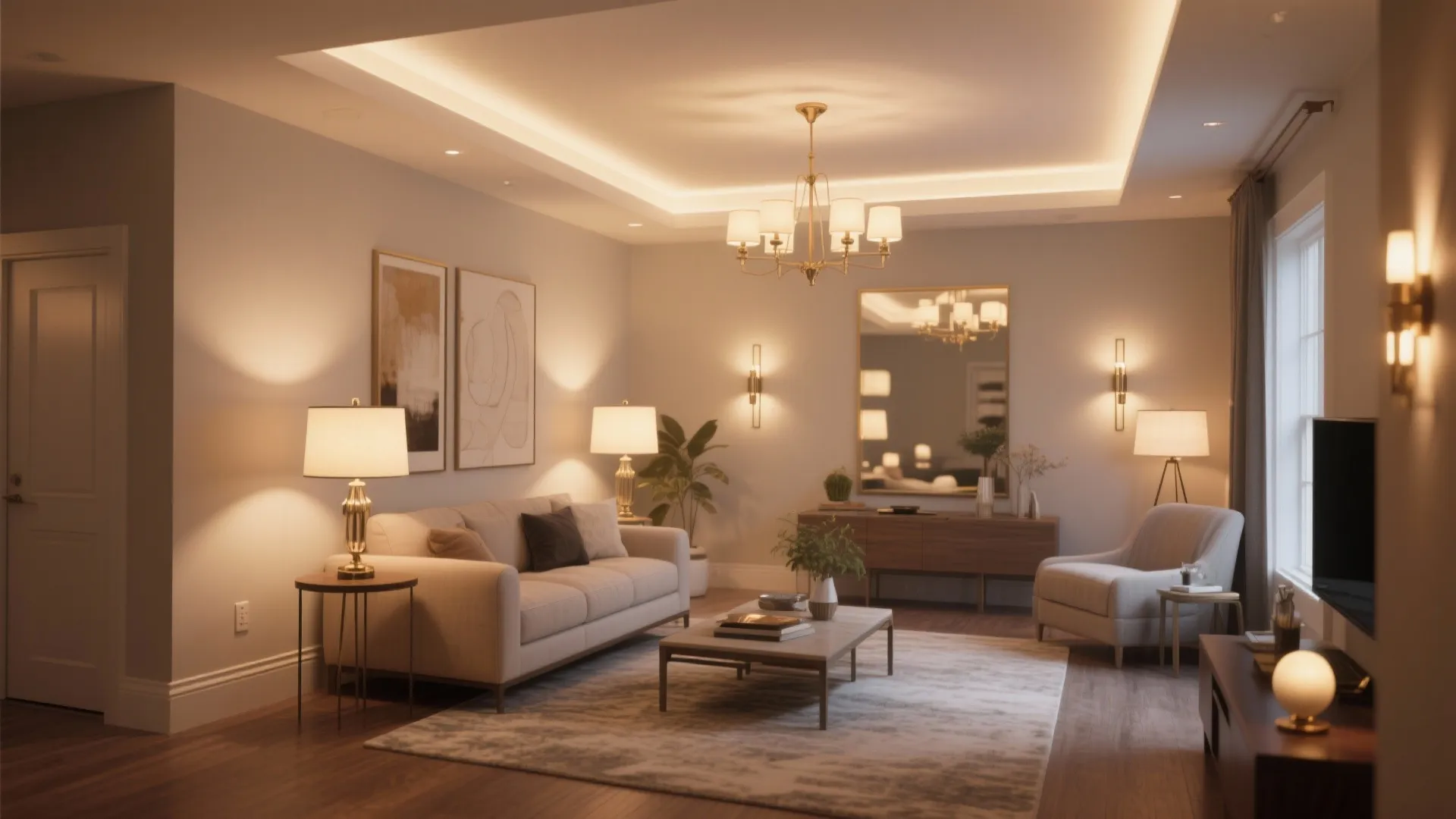 Modern living room with ceiling light warm wall lights table lamps sofa and wood cabinet
