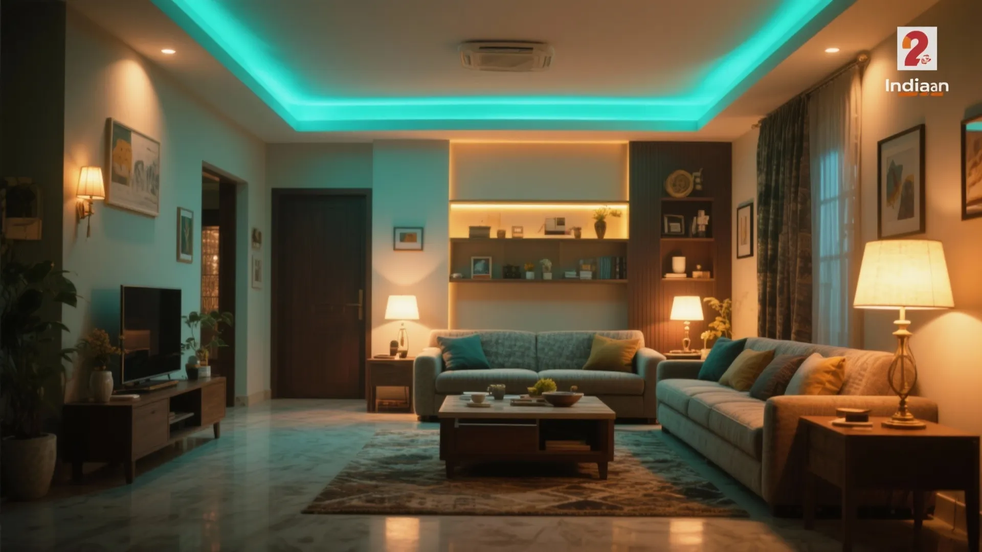 Modern living room featuring blue ceiling light wall lights floor lamp and comfortable grey fabric sofas