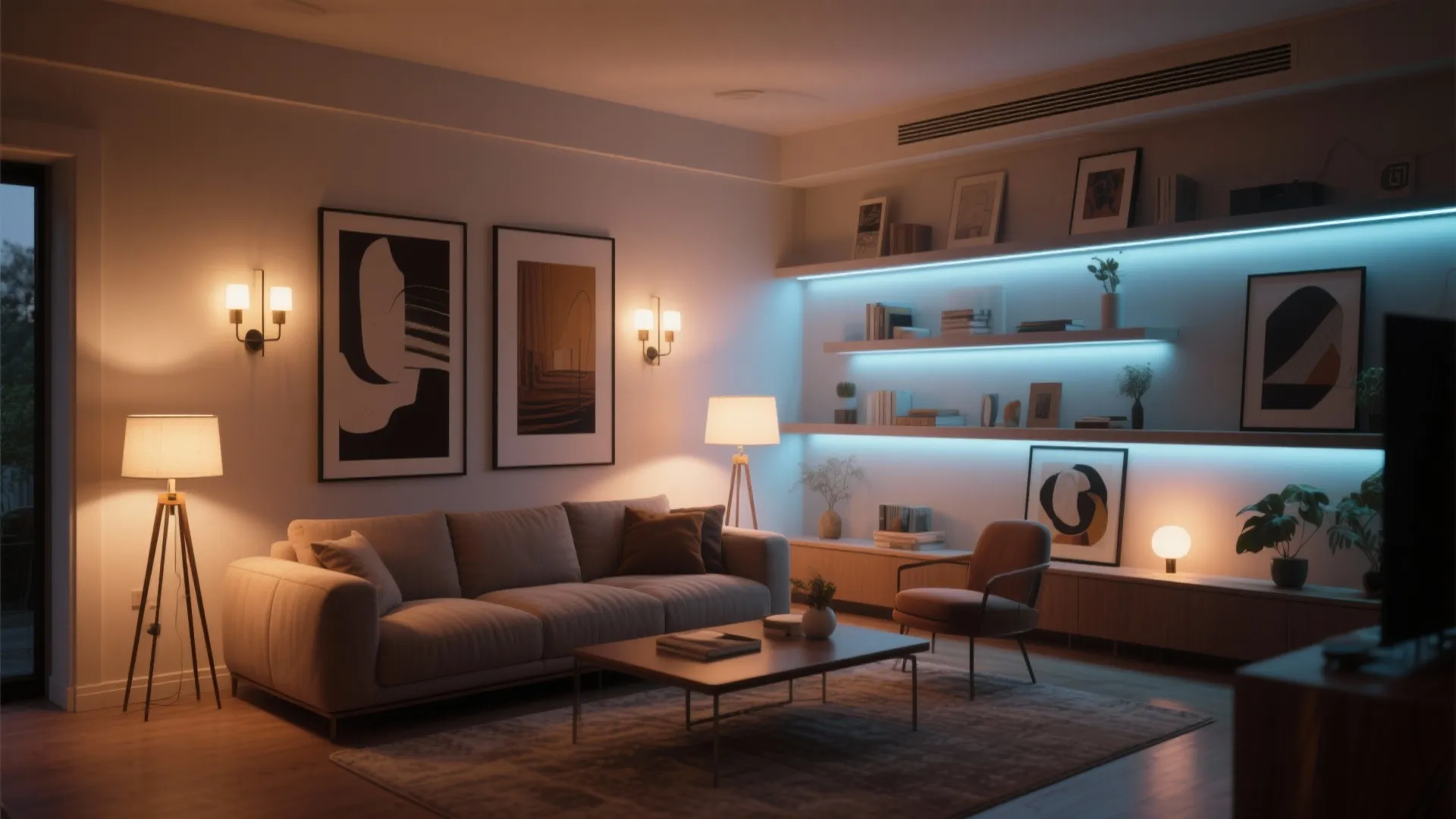 Living room with layered lighting featuring wall lights, floor lamps, and blue shelf light strips