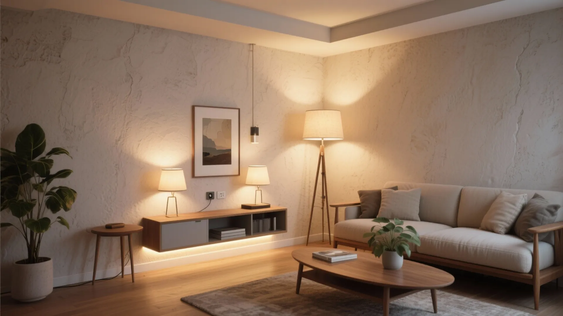 Modern living room featuring floor lamp table lamps and cabinet lighting for a layered effect