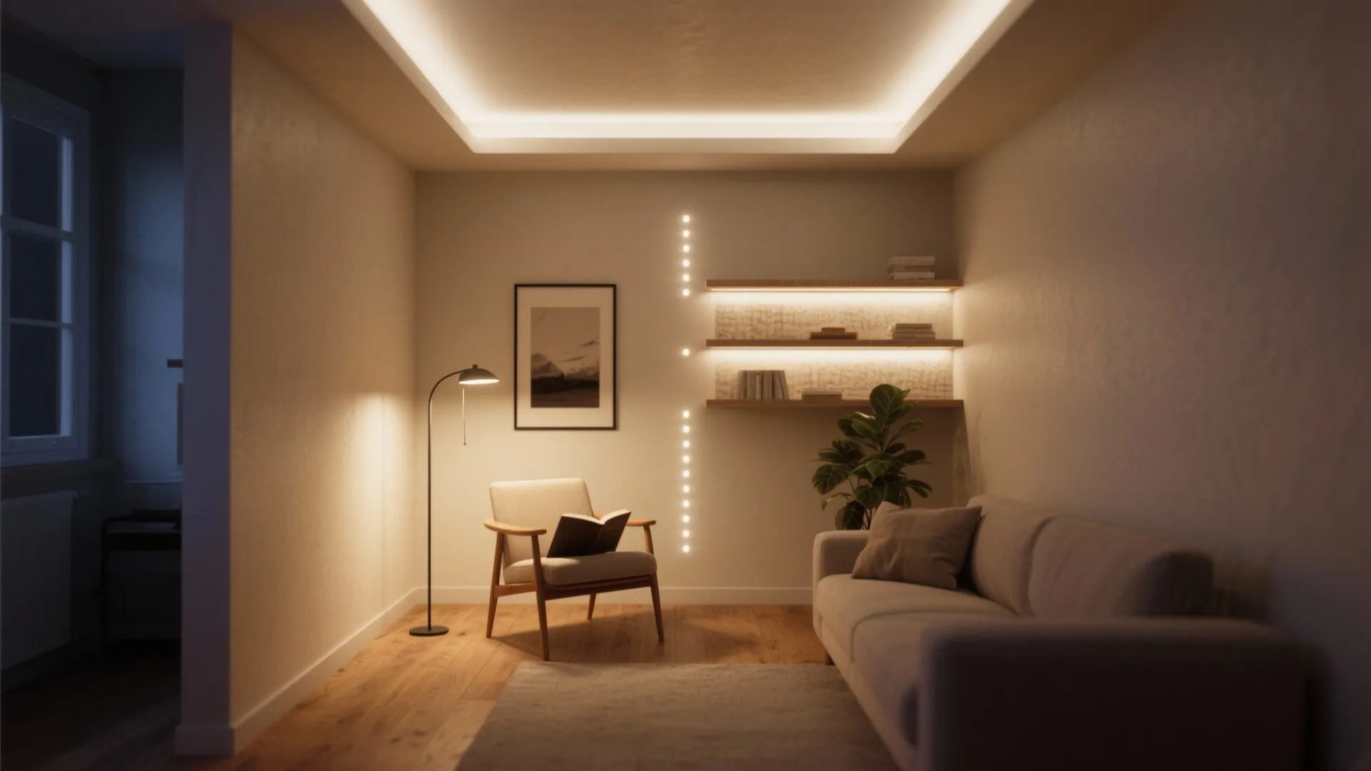 1. Layered lighting to make a tiny living room feel expansive