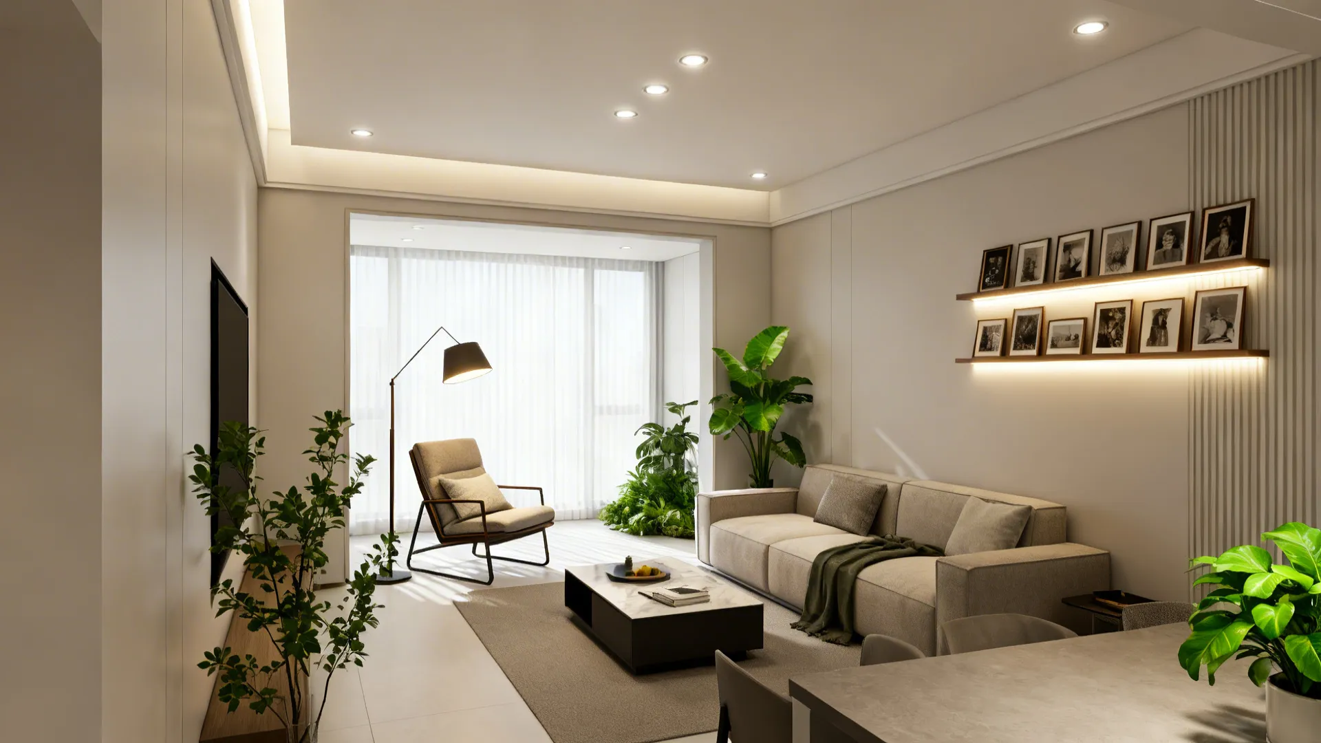 Small living room with ambient recessed lights, a floor task lamp, and accent lights on shelves