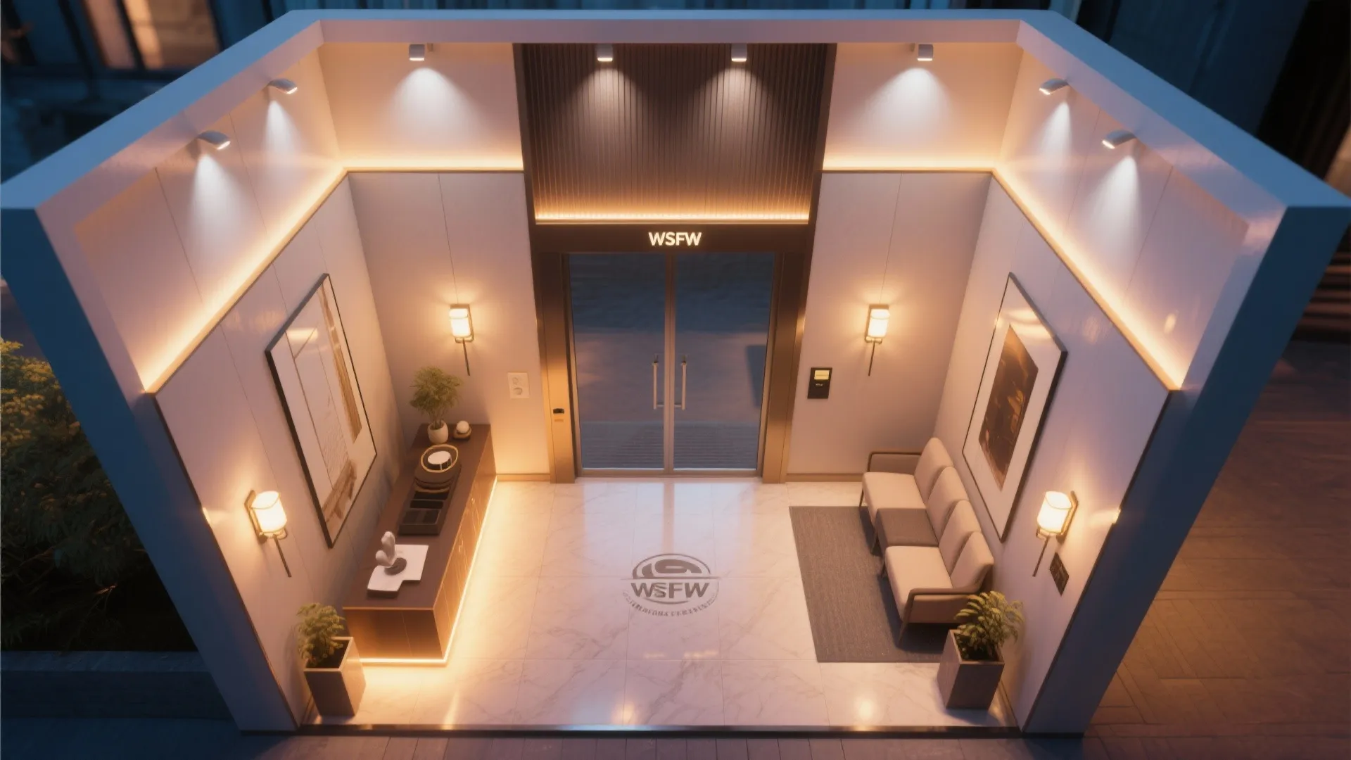 Modern building entrance with white walls, warm wall lights, a sofa, cabinet, and marble floor