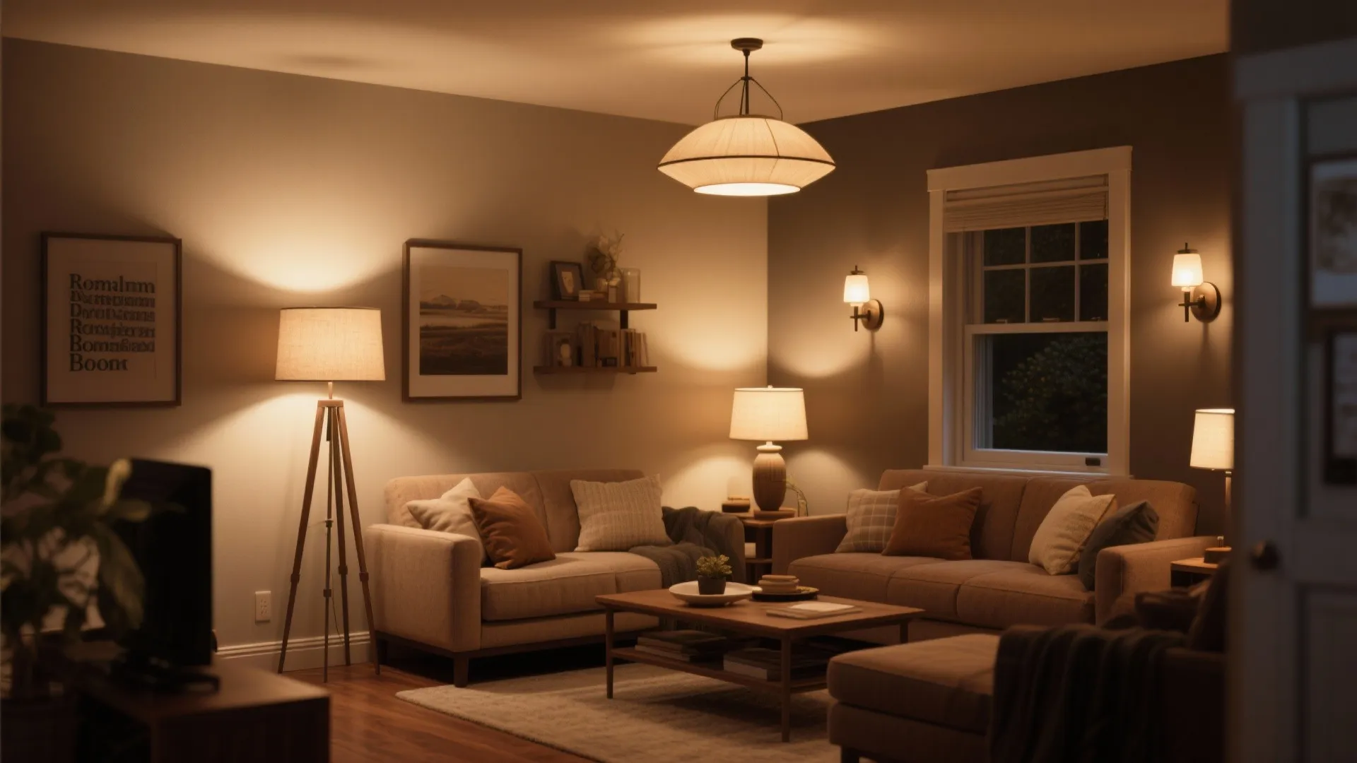 Small living room with multiple layered light sources