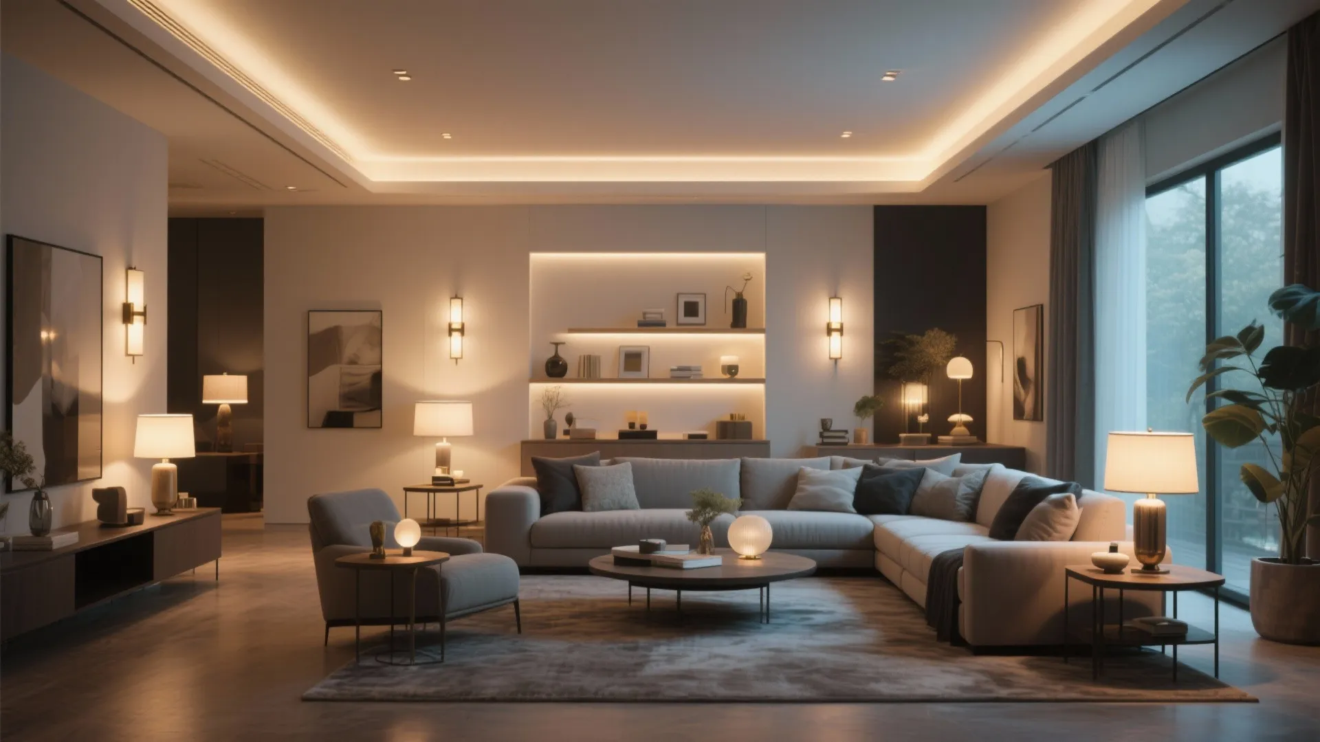 Spacious living room with warm layered lighting including wall lights table lamps and recessed ceiling lights