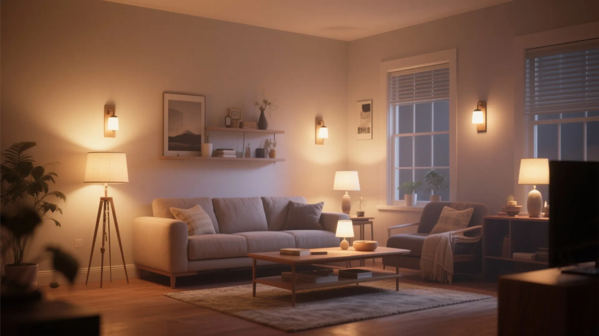 Warm living room with floor lamp wall lights table lamps sofa and wooden coffee table