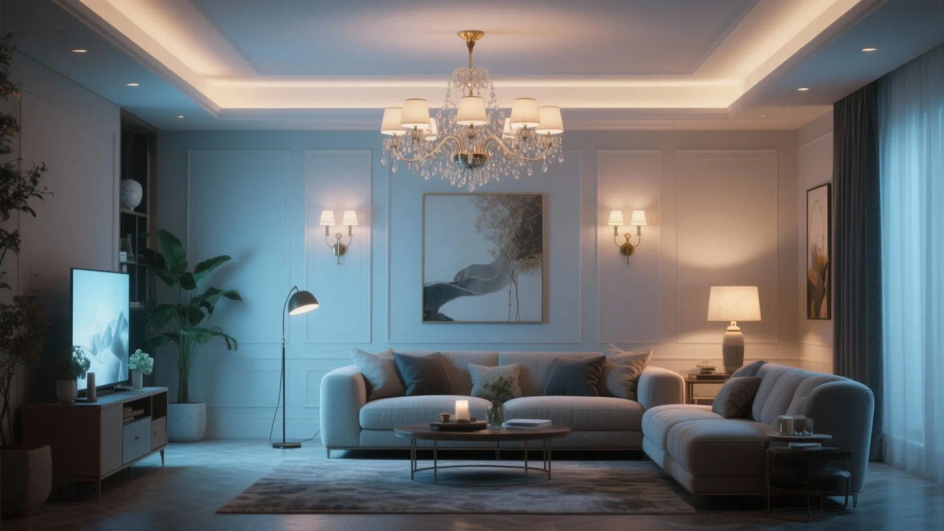 Luxury living room with large ceiling light wall lights floor lamp table lamp and sofas