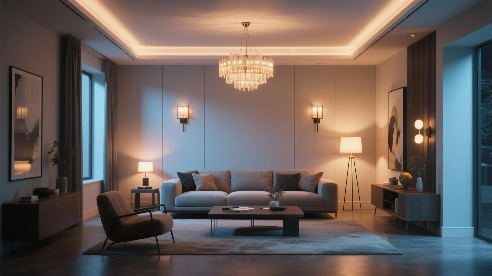 Living room with grey sofa, armchair, large ceiling light, wall lights, floor lamp and lamp