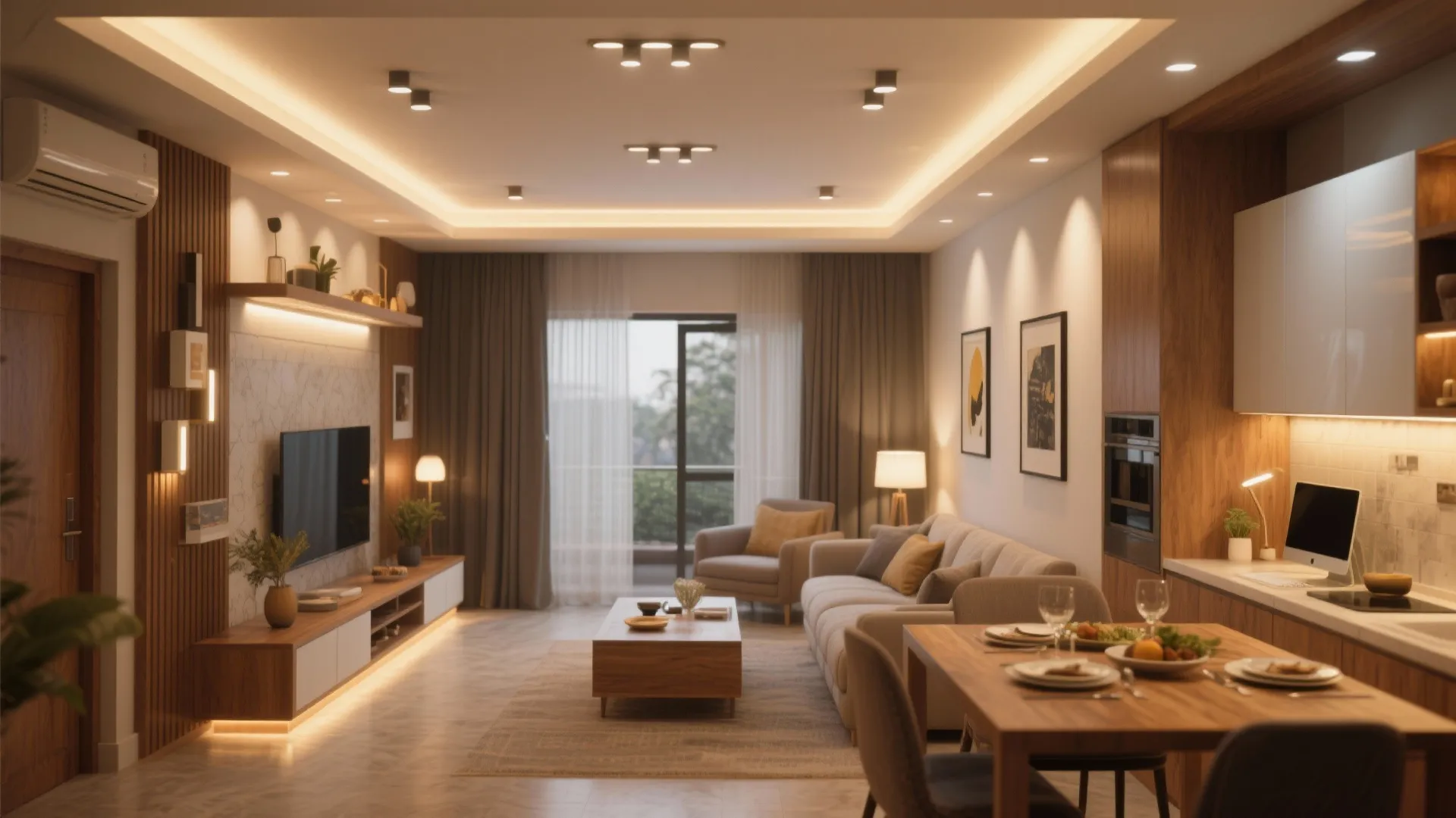 Modern open plan living room featuring warm layered lighting with ceiling lights and wall panels