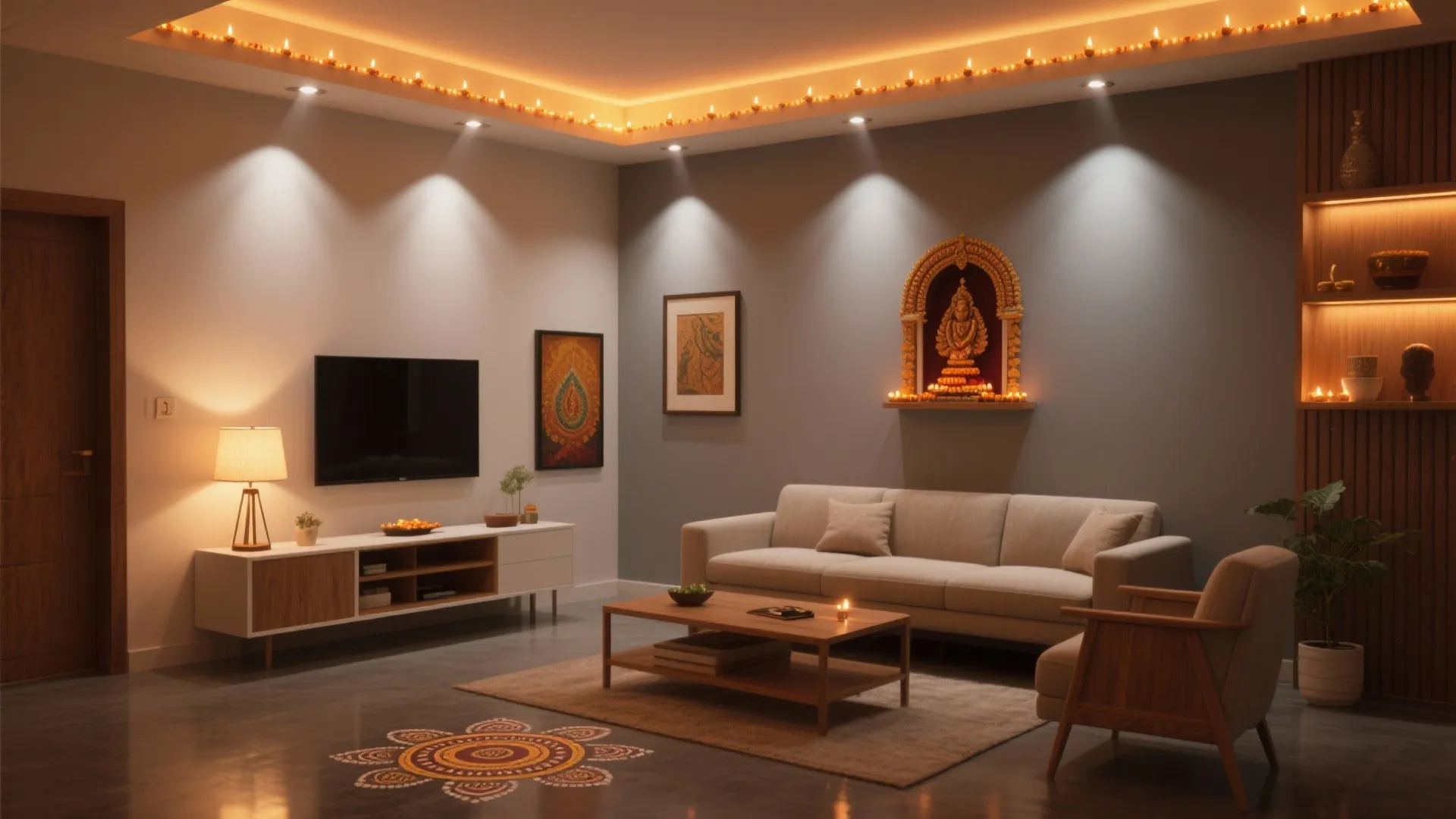 Modern living room with beige sofa wood coffee table television wall light and decorative floor art