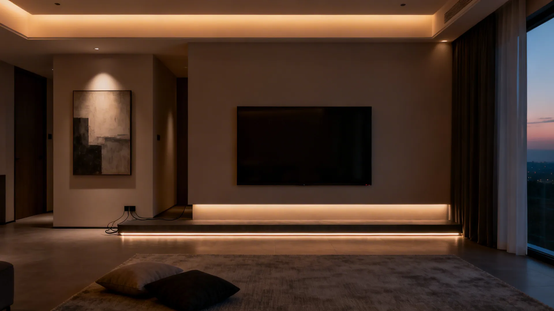 Dusk scene with ambient ceiling light, wall washers, and floor-level LED glow in a furniture-free living room.