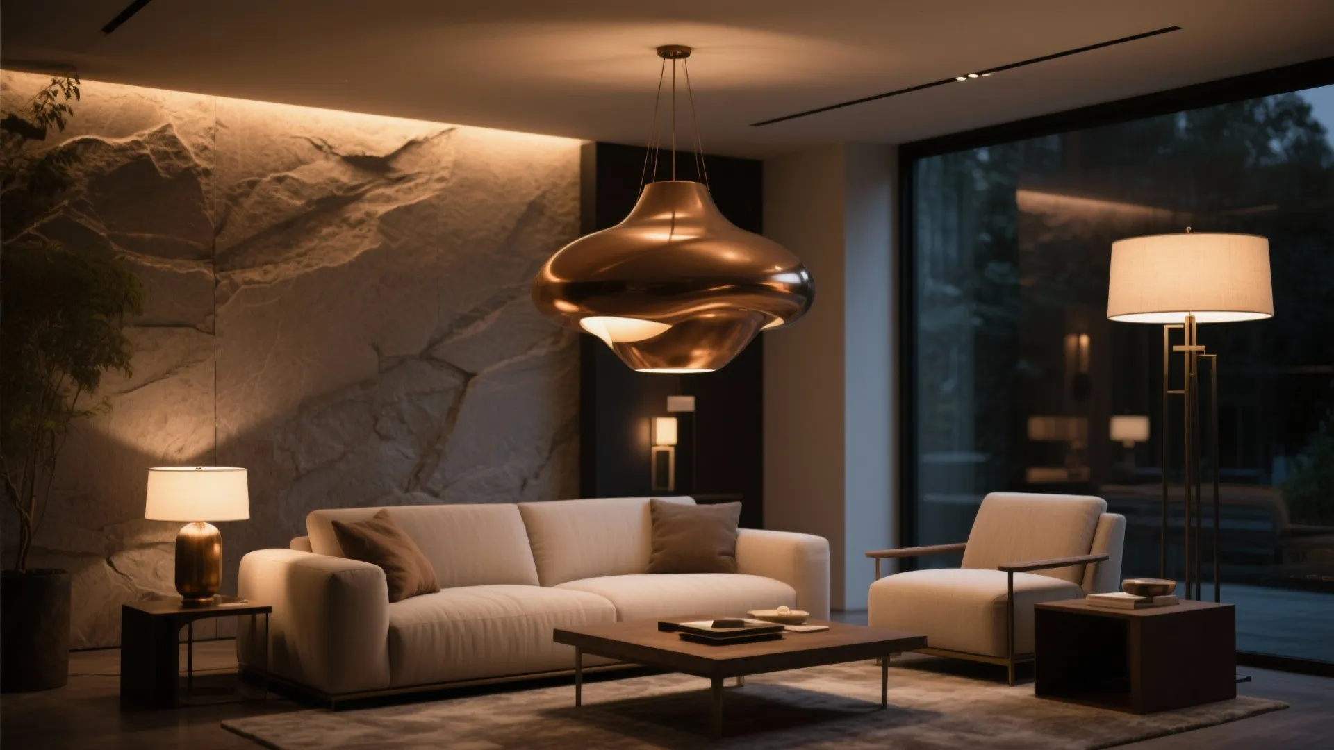 Modern living room featuring copper ceiling light white sofa stone wall panel and floor lamp