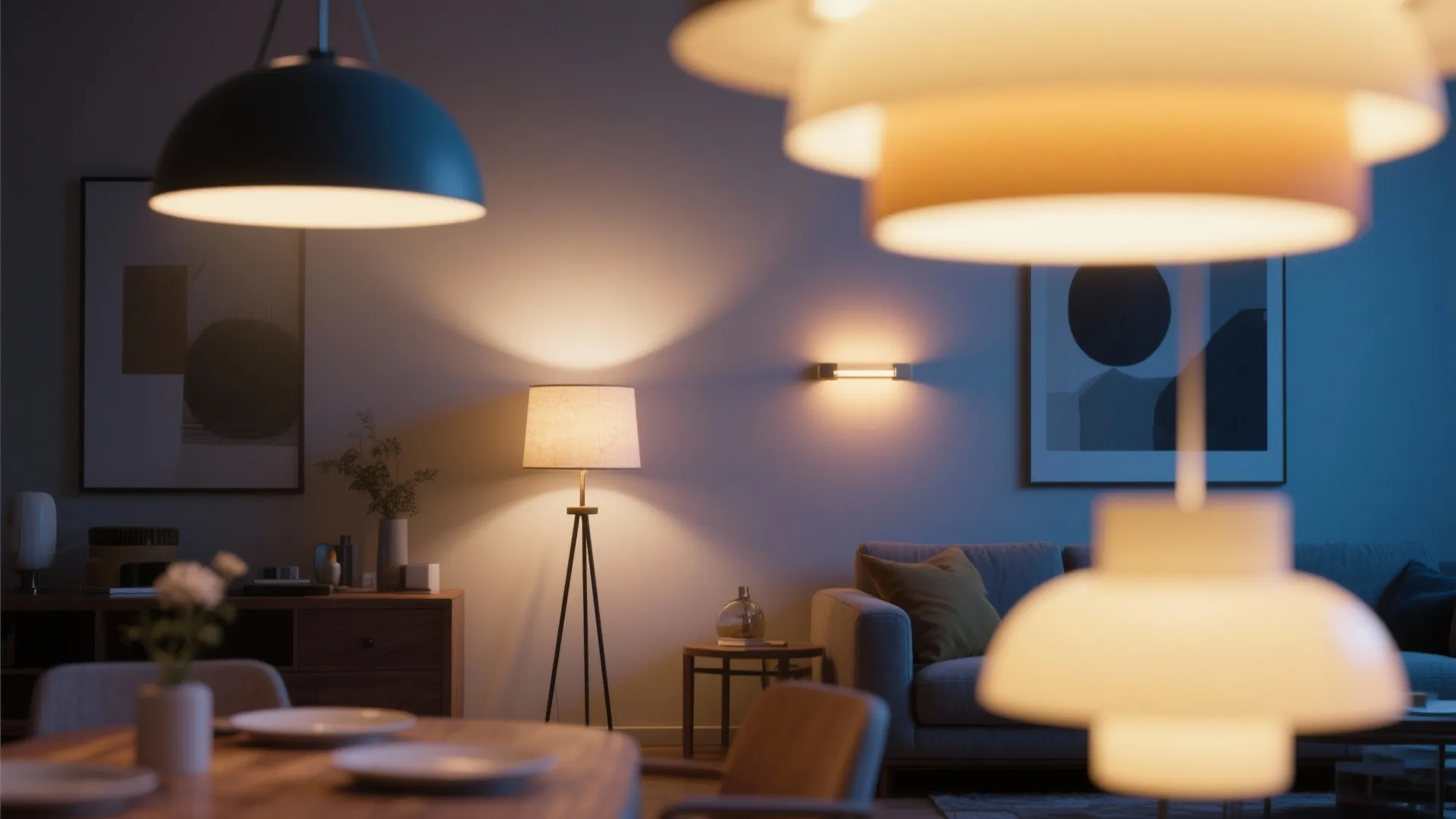 Close-up of pendant, floor, and wall lights in cozy small space