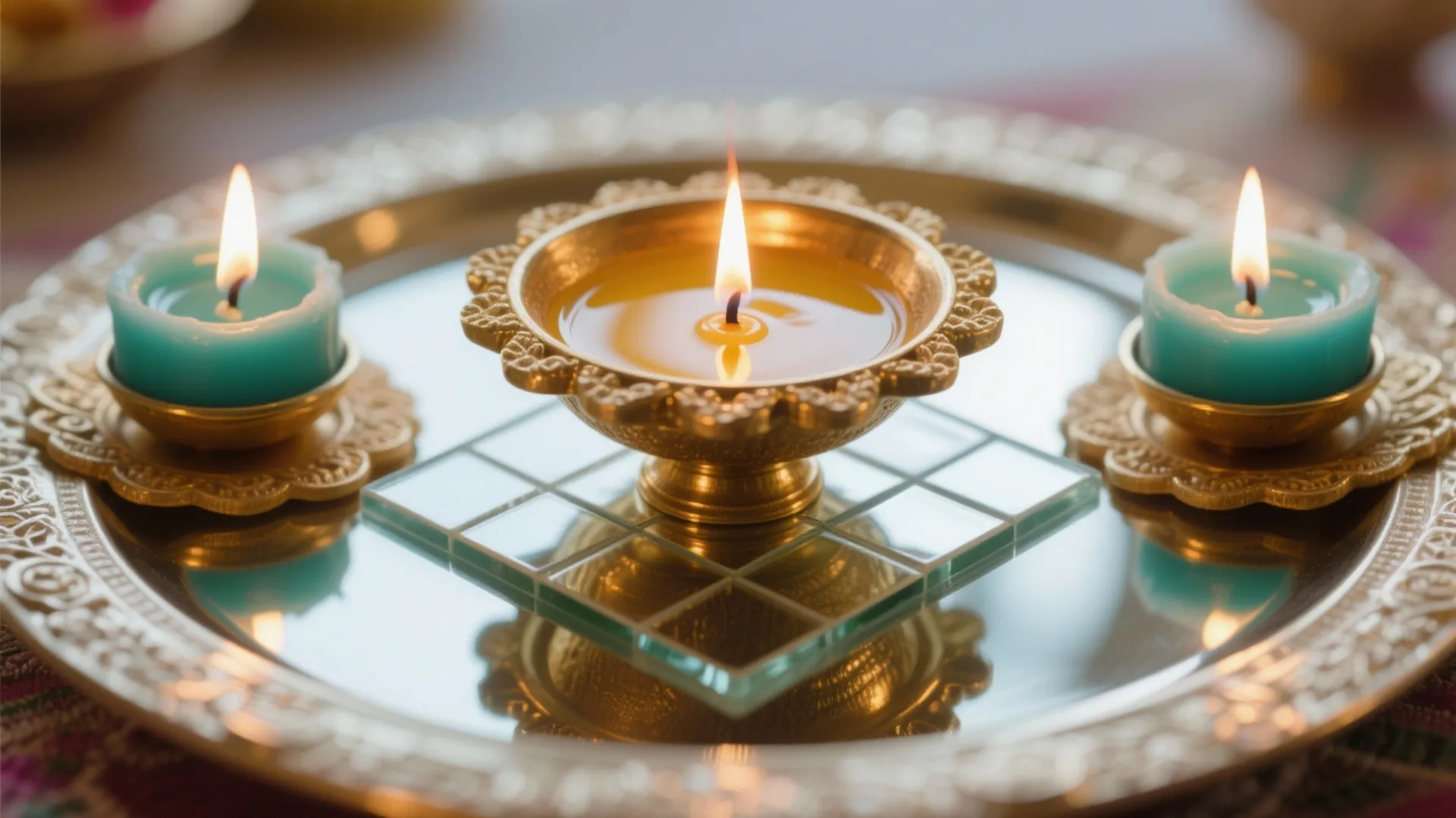 4) Layered Lighting: Diya, Tealight, and Reflective Accents