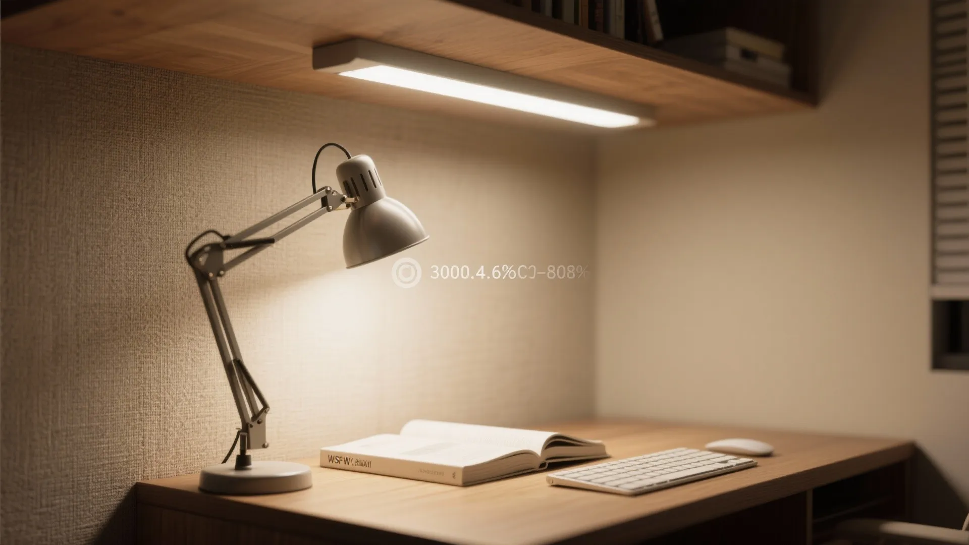 Wooden desk workspace with a metal table lamp warm shelf light open book and keyboard