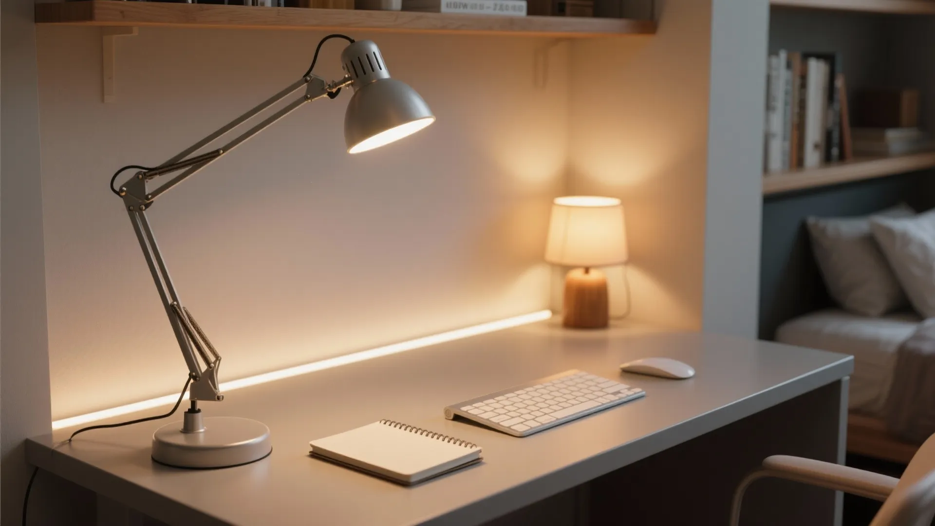 Close up of a desk with a white lamp keyboard mouse and warm strip light fixture