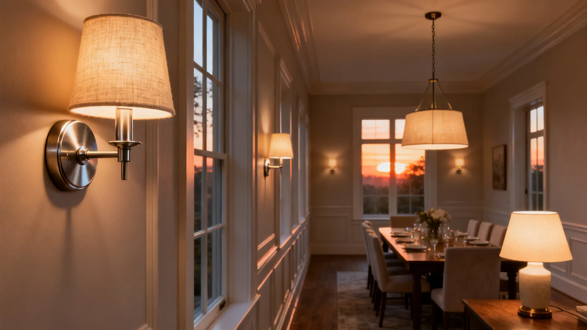 Dining room at sunset with warm wall lights ceiling light table lamp and long table