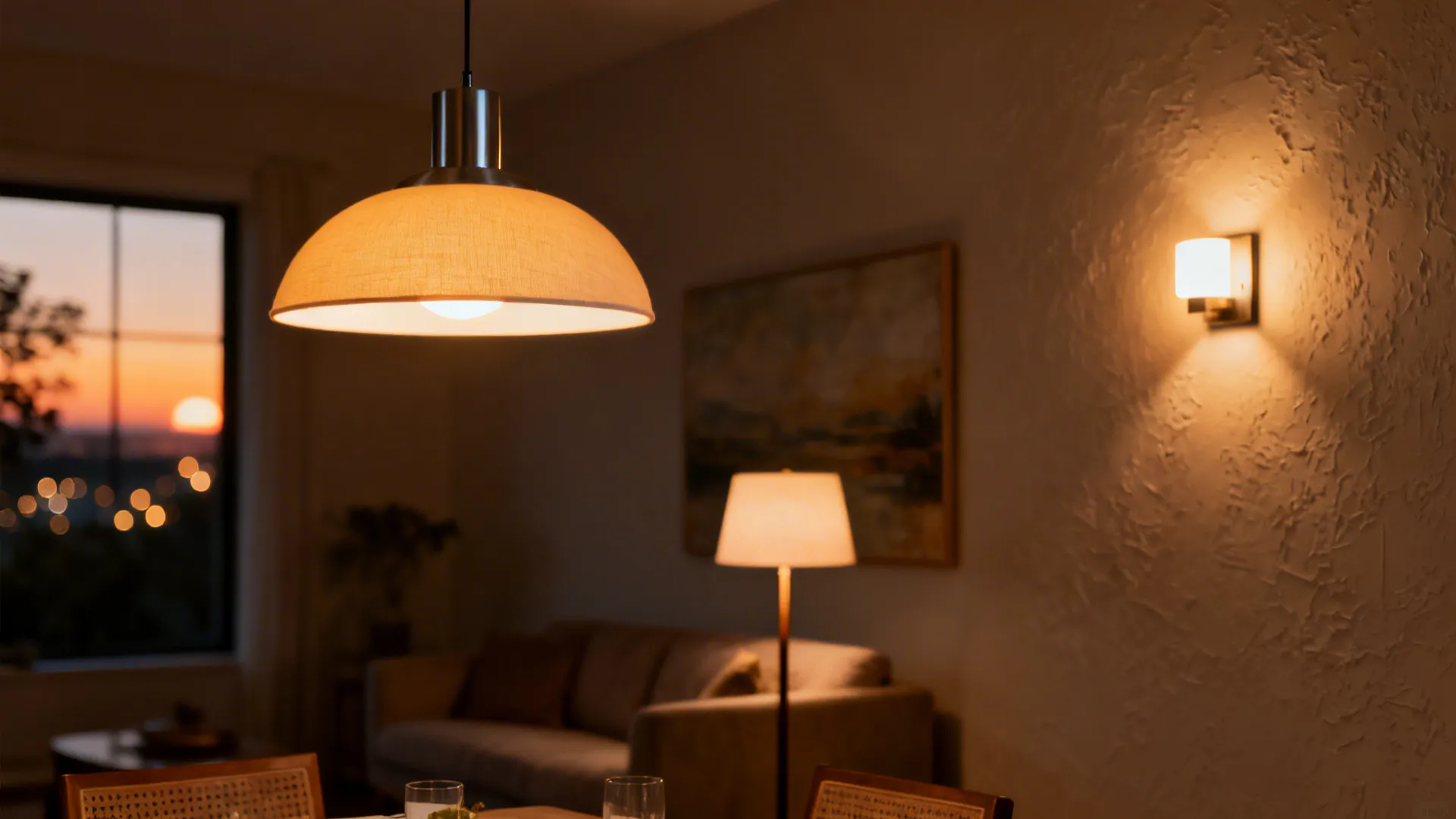 Macro details of pendant, floor lamp, and wall-wash lighting creating layered ambience.