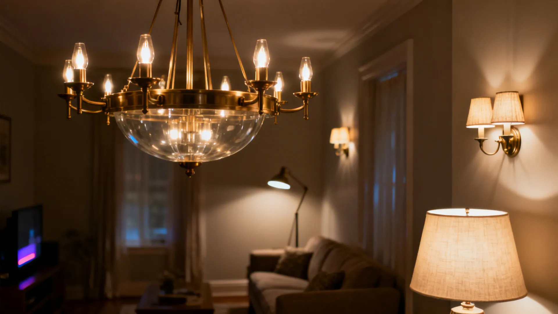 Macro view of layered lighting with chandelier, sconces, and a warm table lamp in a small living space.