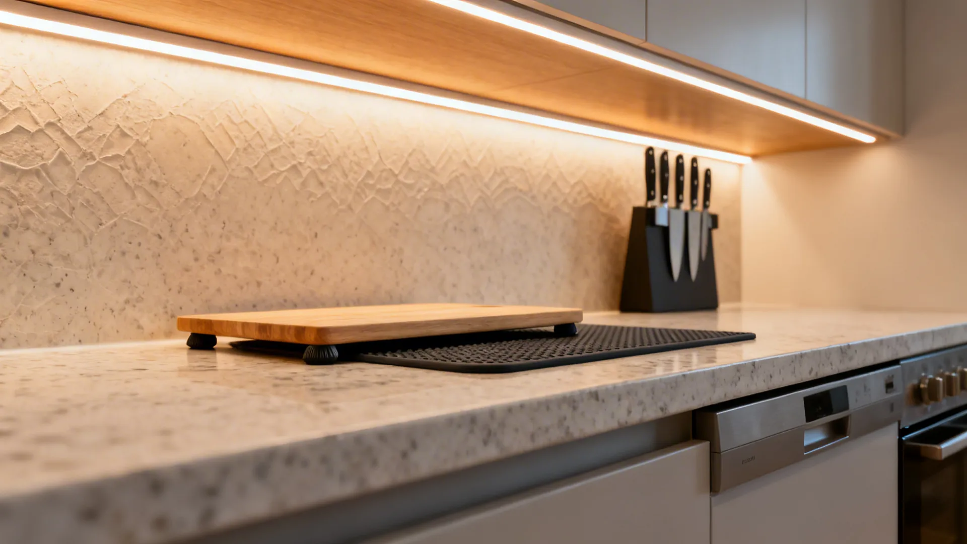 Macro of under-cabinet task lighting on quartz, with knife rack and cutting board safety details.