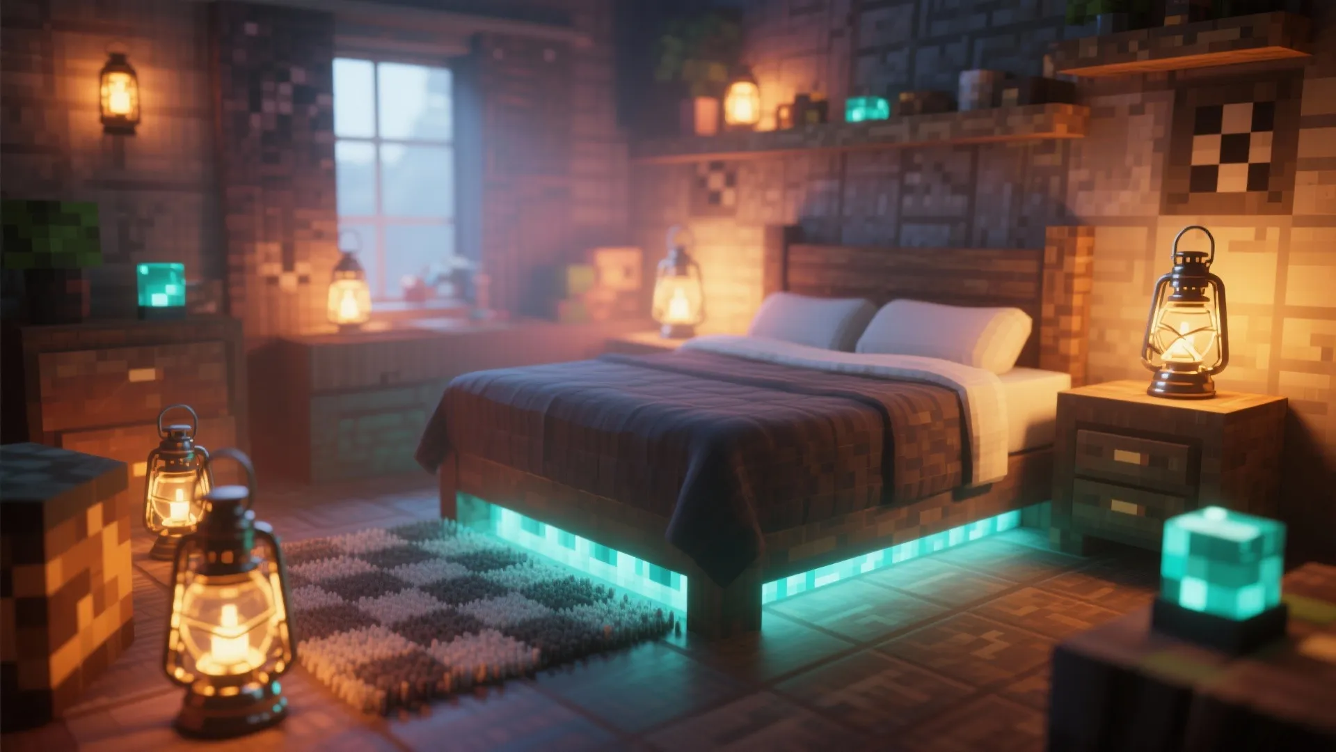 Layered bedroom lighting with warm glow and Minecraft-inspired fixtures