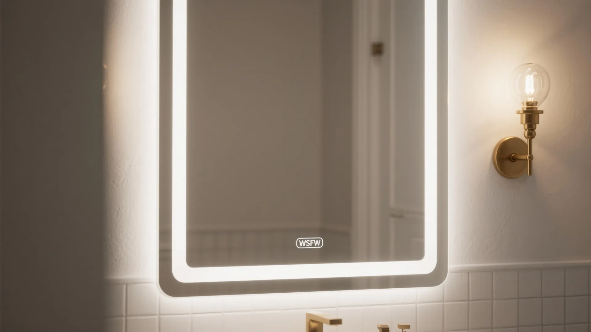 Close-up of a white-framed mirror with a brass sconce providing layered, shadow-free lighting.