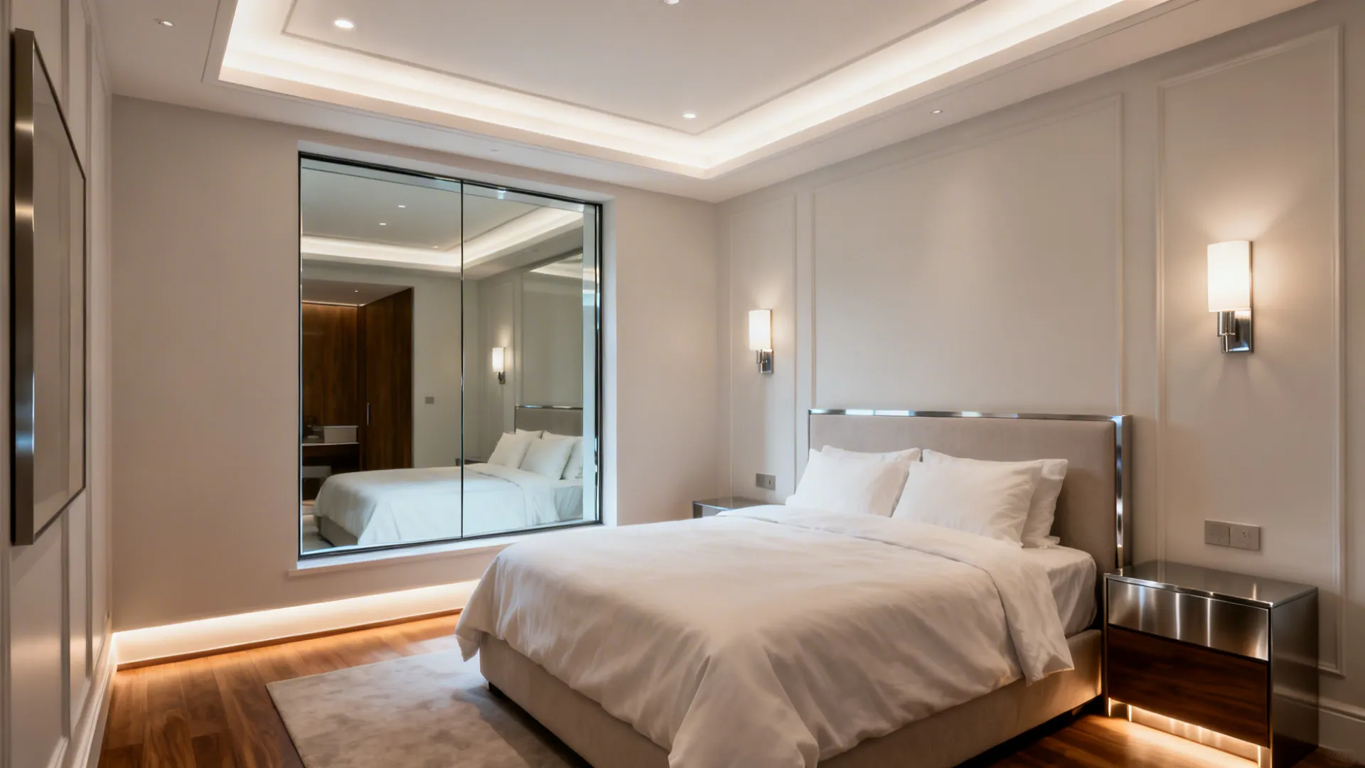 Small bedroom with layered lighting and a low-iron mirror reflecting soft daylight.