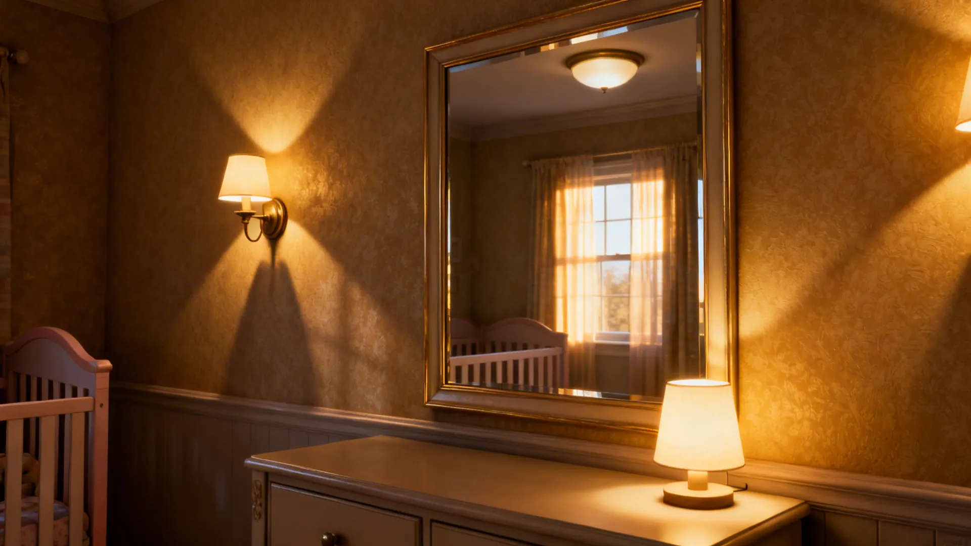 Layered lighting and a framed mirror amplifying light in a small nursery