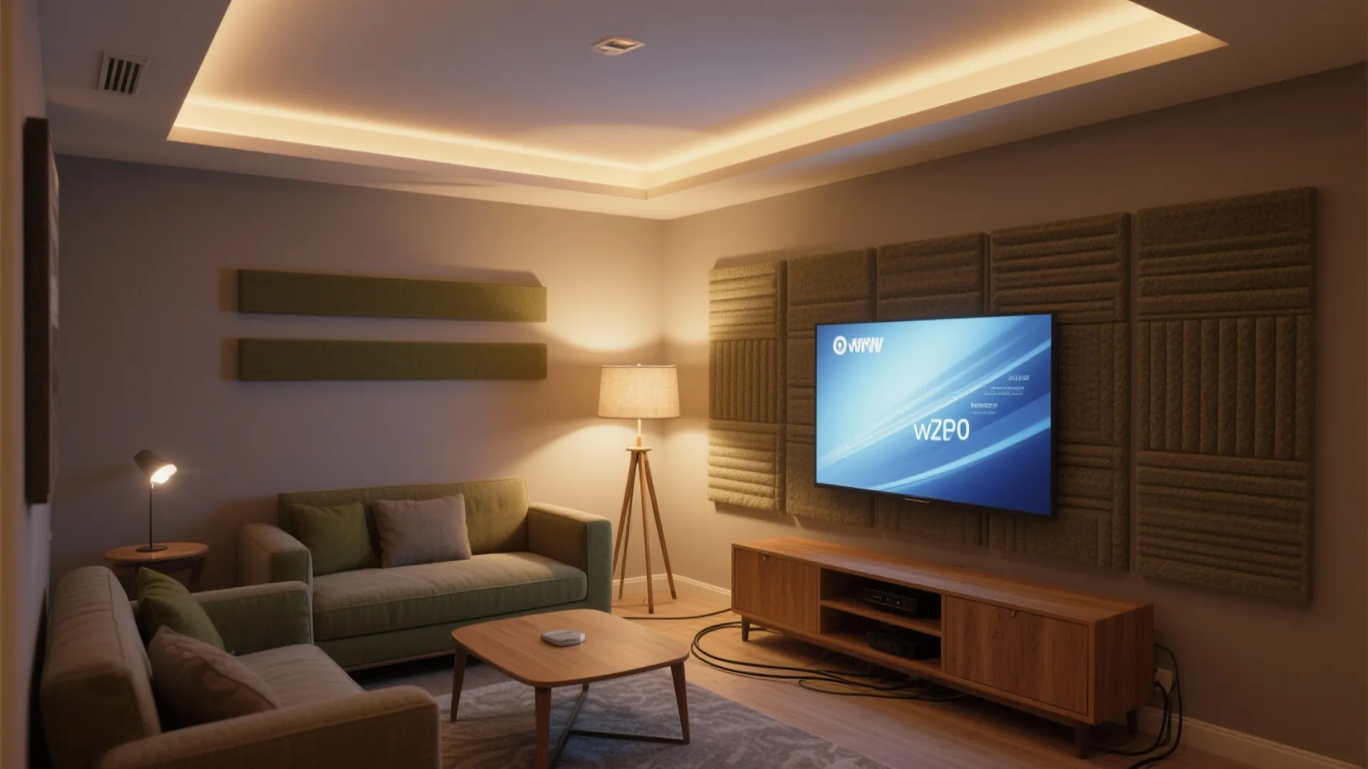 Modern home theater room with green sofa wooden coffee table floor lamp and television screen