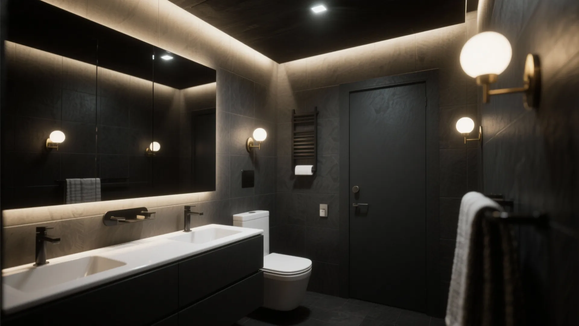 Modern dark bathroom with double sink vanity large mirror toilet wall lights and warm lighting