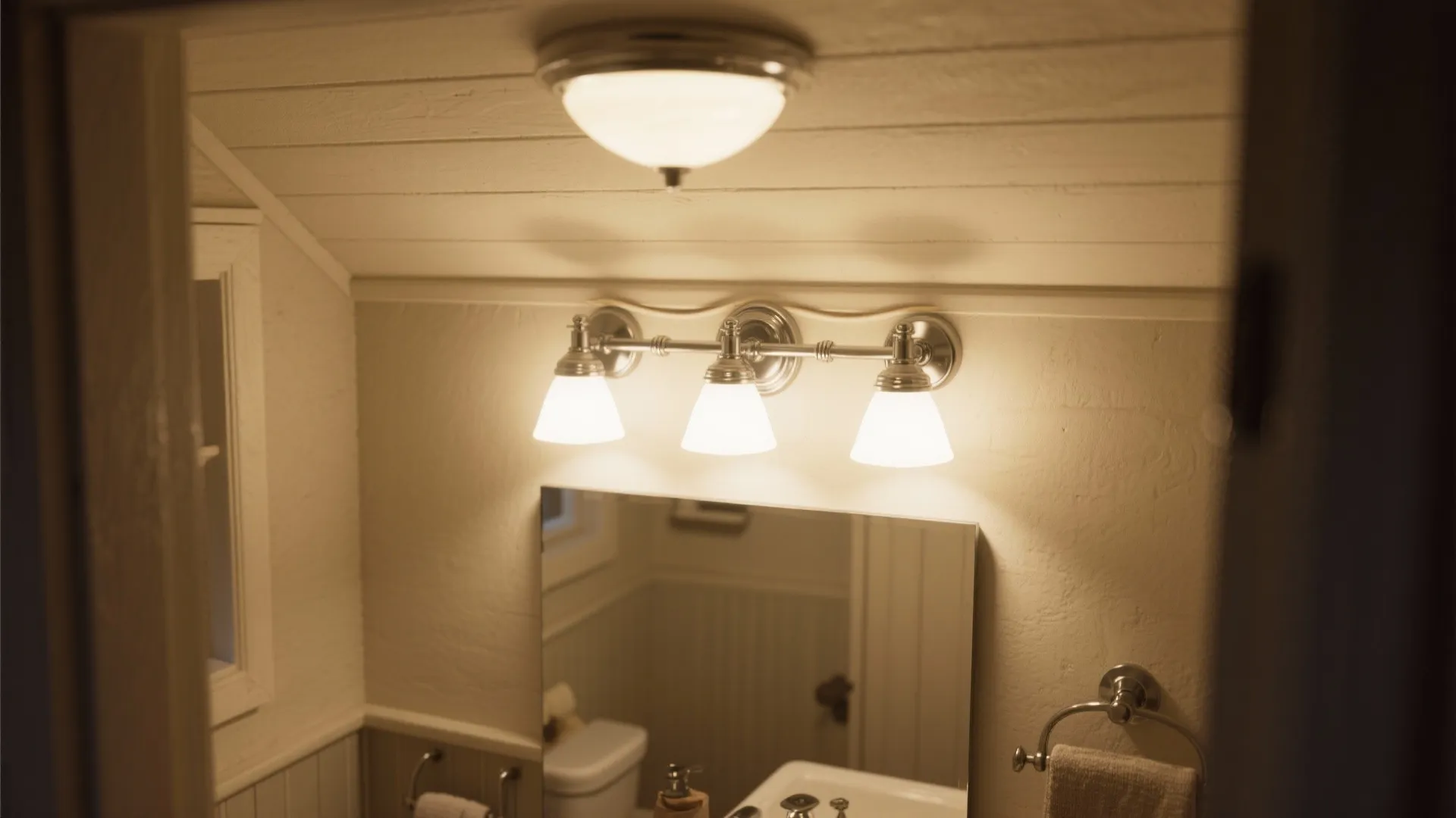 Small bathroom with ceiling light and wall light fixture above a mirror and white sink