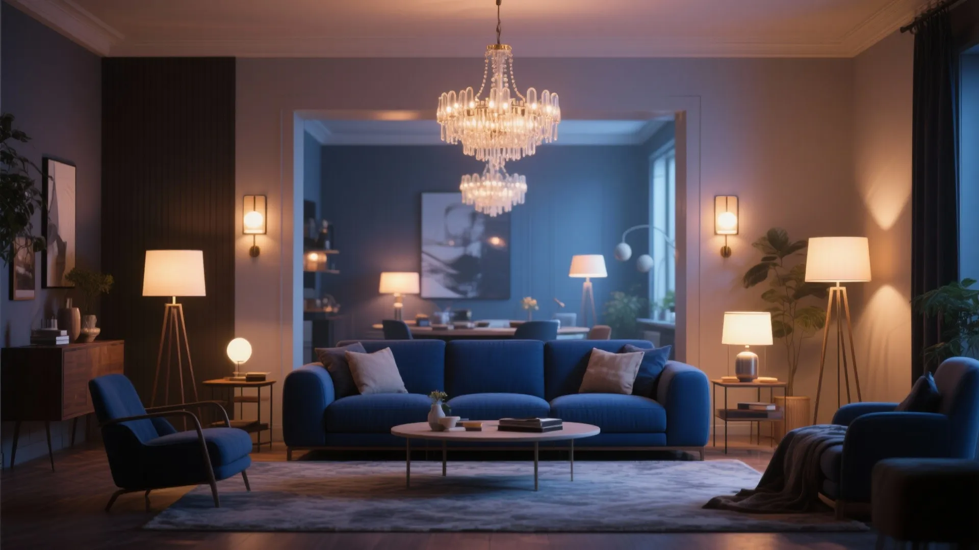Cozy living room with blue sofa featuring a crystal ceiling light and multiple warm floor lamps