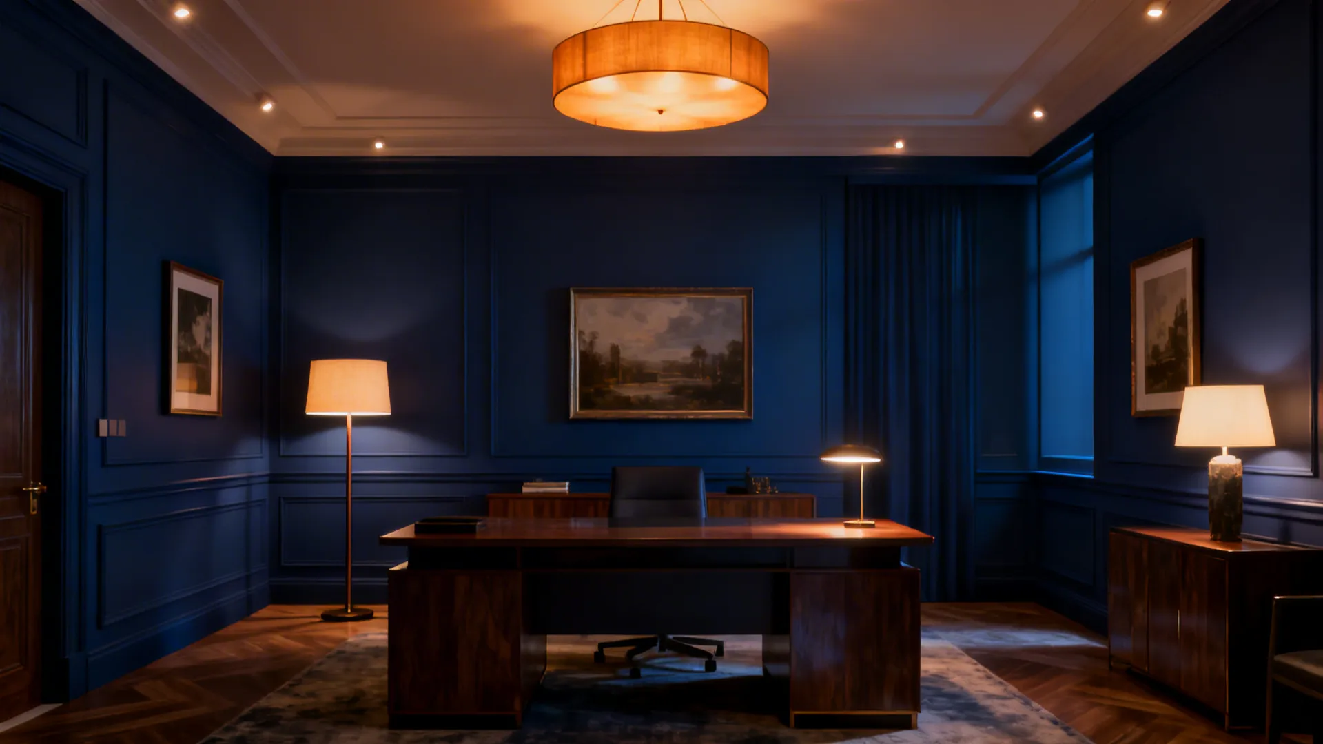 Small navy room lit by layered warm fixtures producing a cozy, cinematic atmosphere.