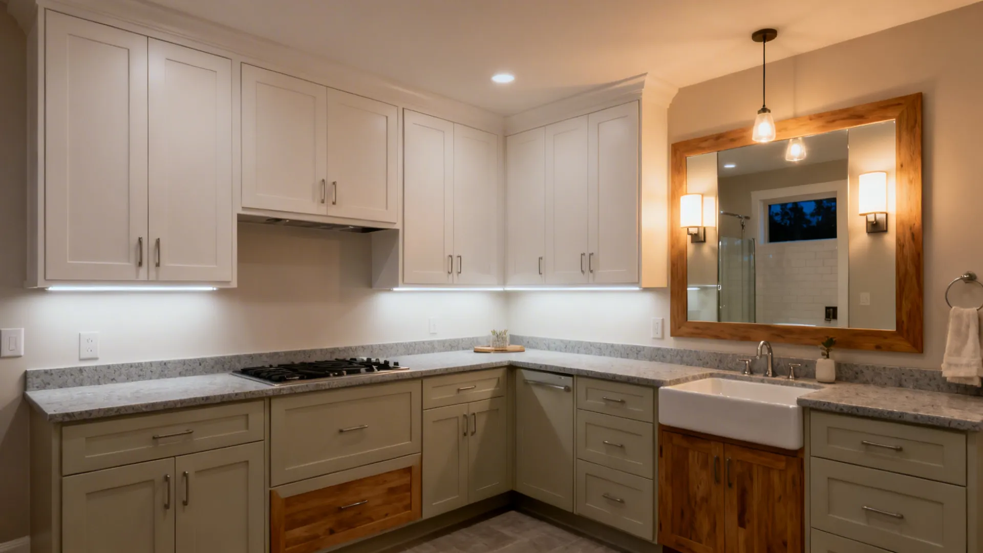 Soft neutrals and layered lighting for calm