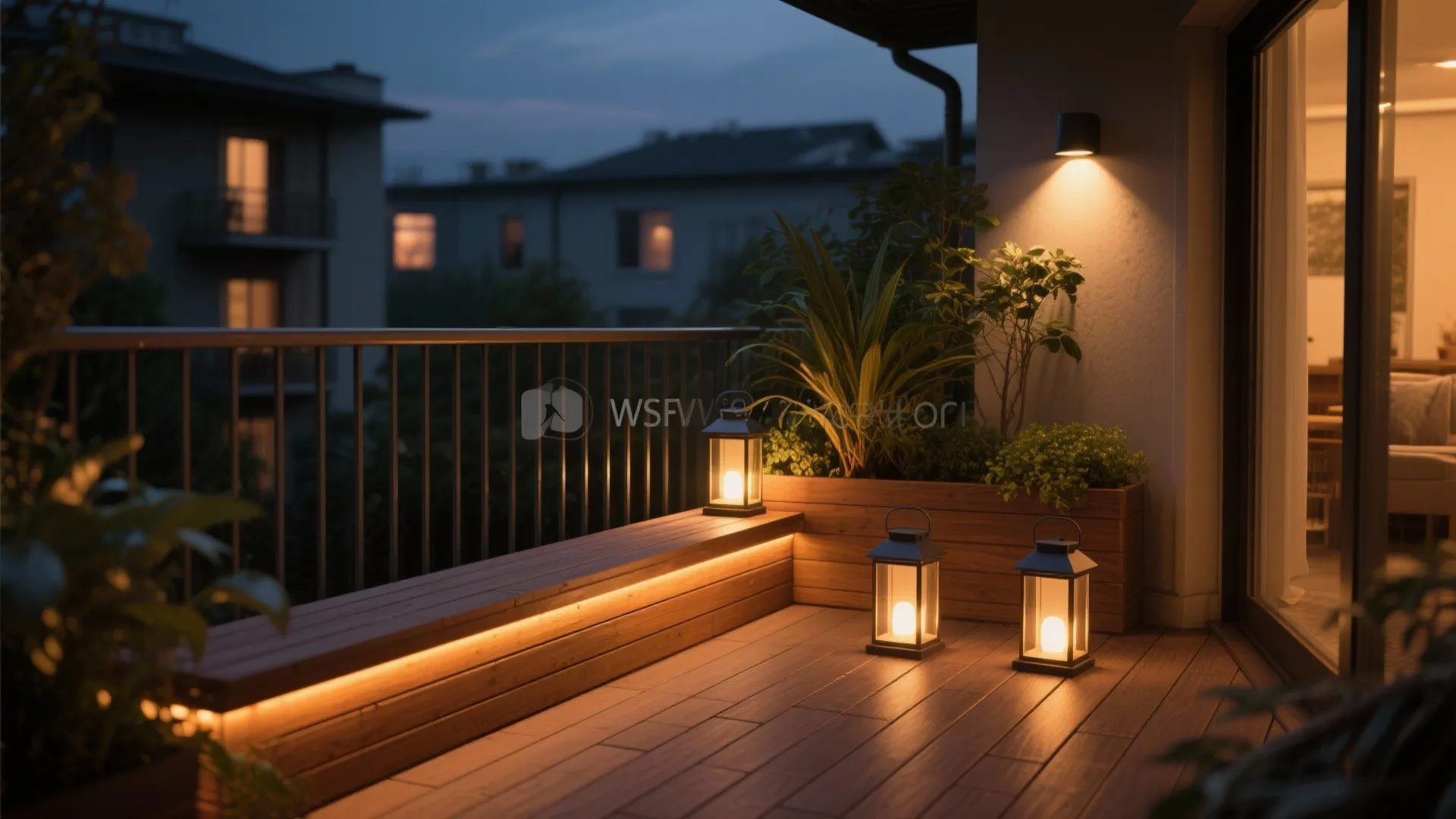 Evening balcony with warm LED strip, feature uplight, and solar lanterns creating depth.