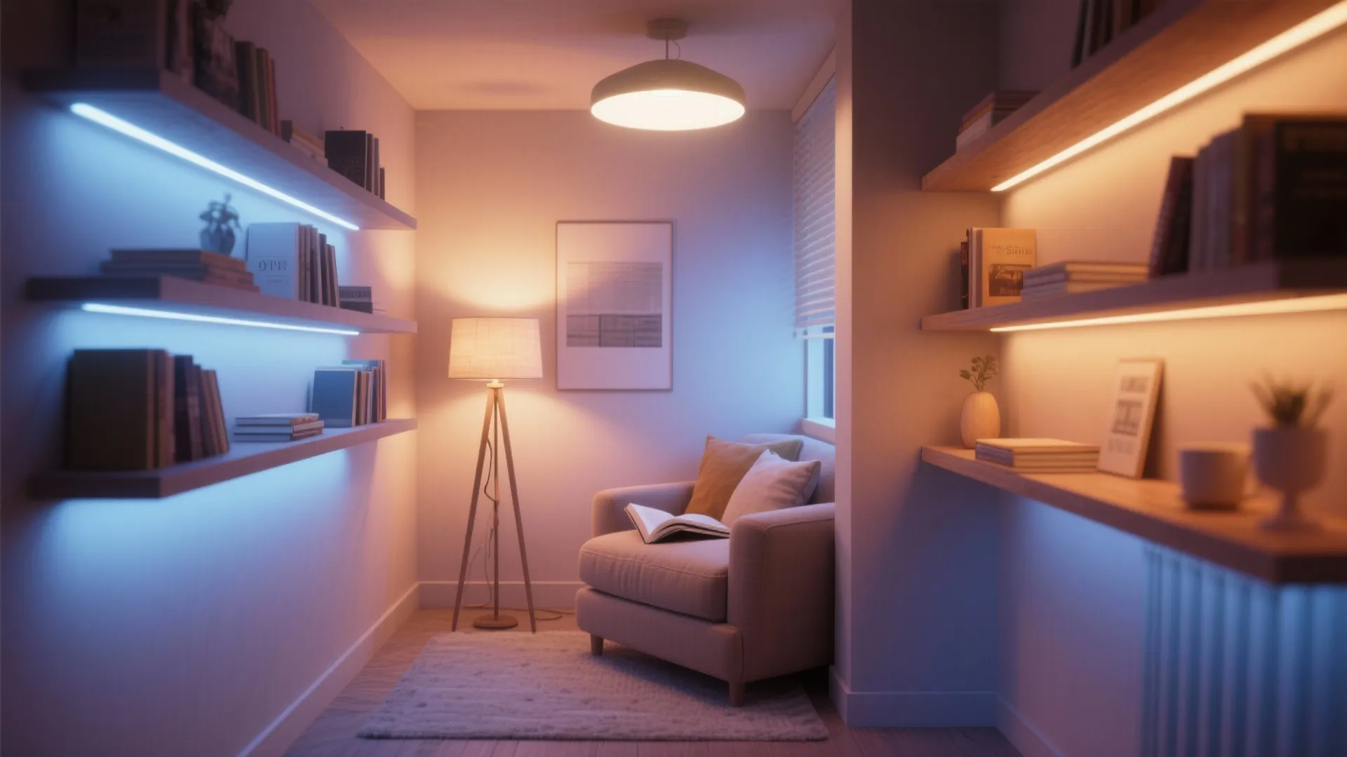 Cozy reading corner with armchair floor lamp ceiling light and wall shelves with blue lighting strips