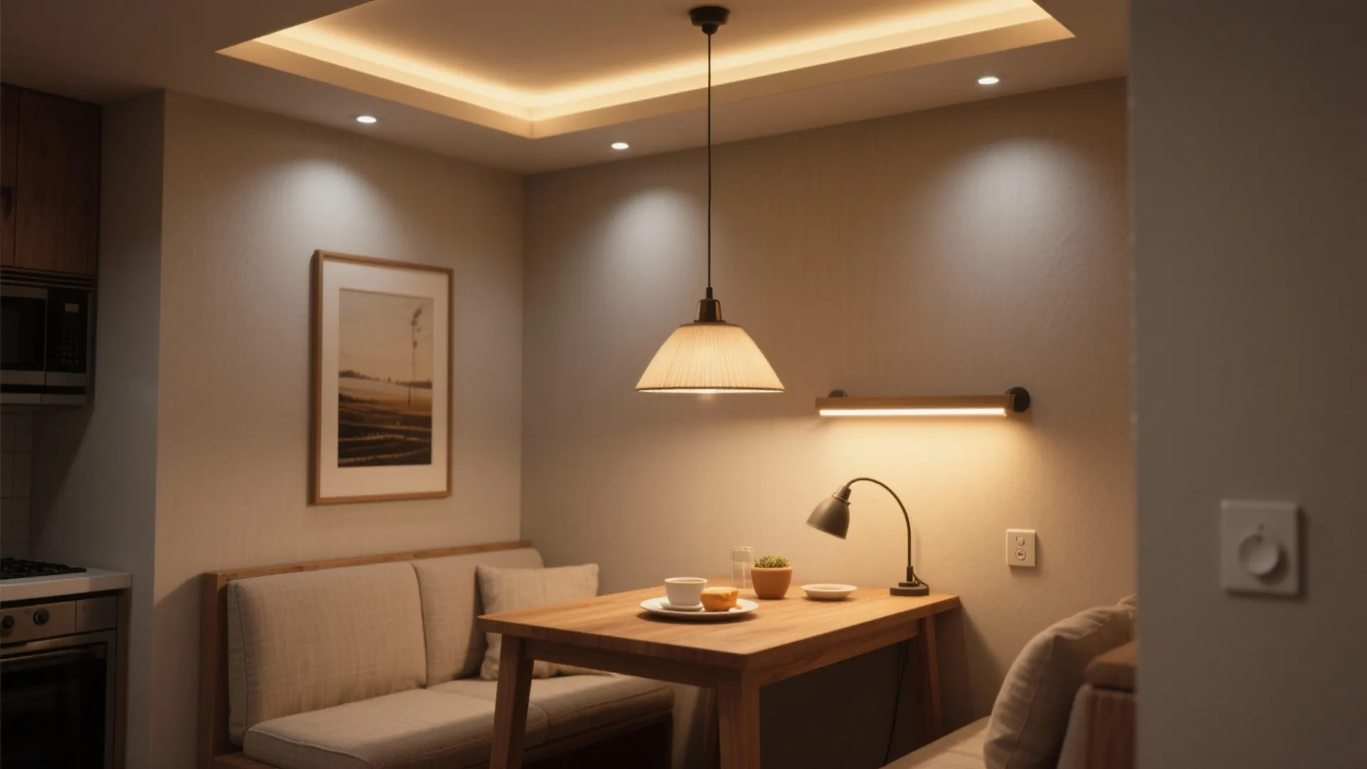 Dining area featuring layered lighting with ceiling light and wall light above a wooden table