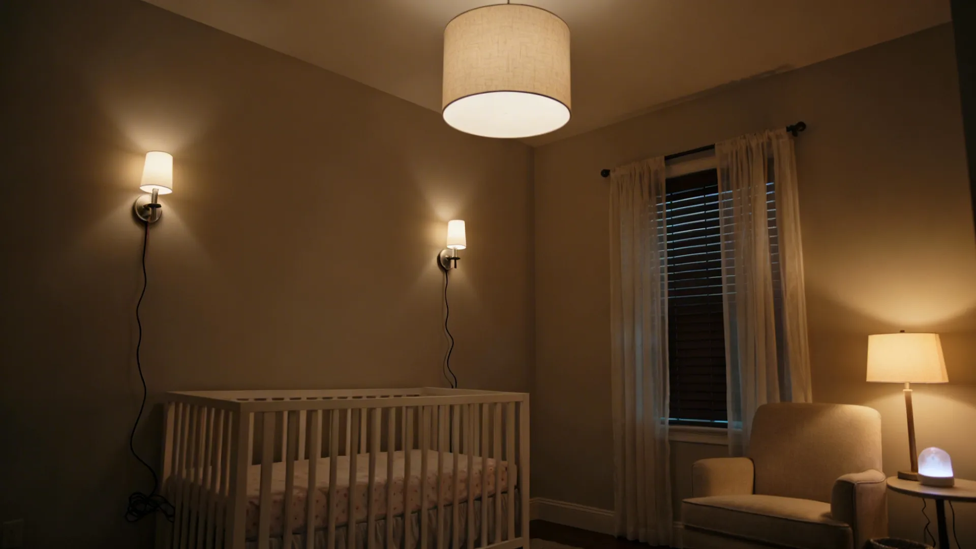 Nursery with dimmable drum shade, sconces, task lamp, and nightlight in warm 2700–3000K light.
